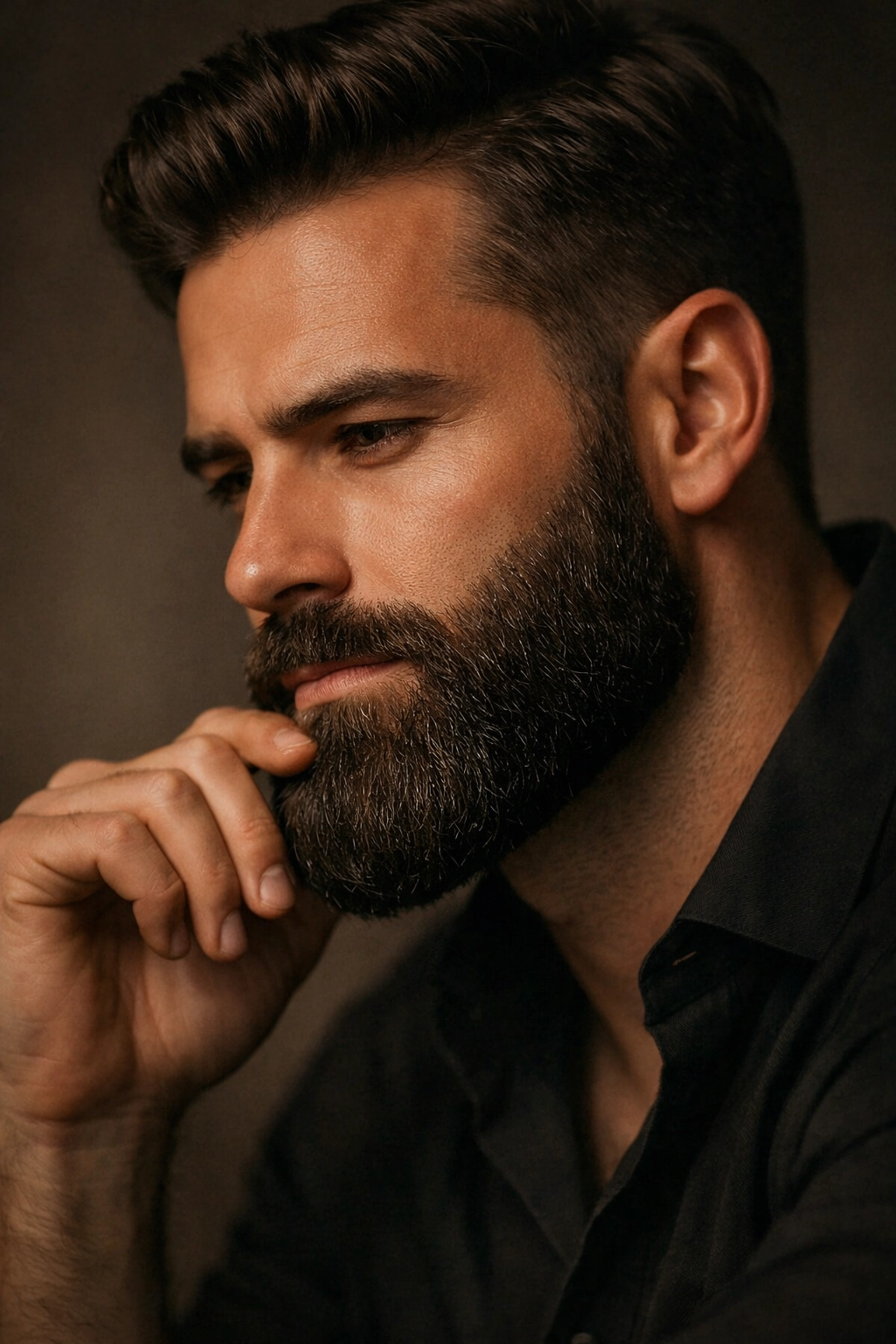A well-groomed man with a thick, healthy beard highlighting the results of a premium scented beard oil.