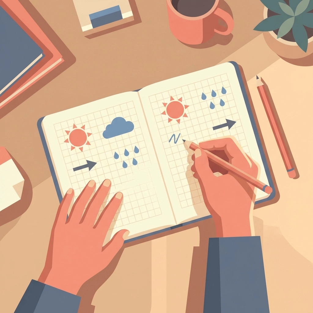 Hands recording weather data and observations in a log notebook with weather symbols