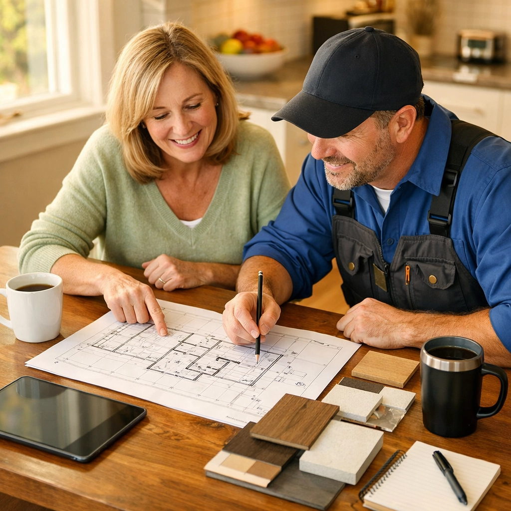 Homeowner and contractor reviewing remodeling plans during in-home consultation