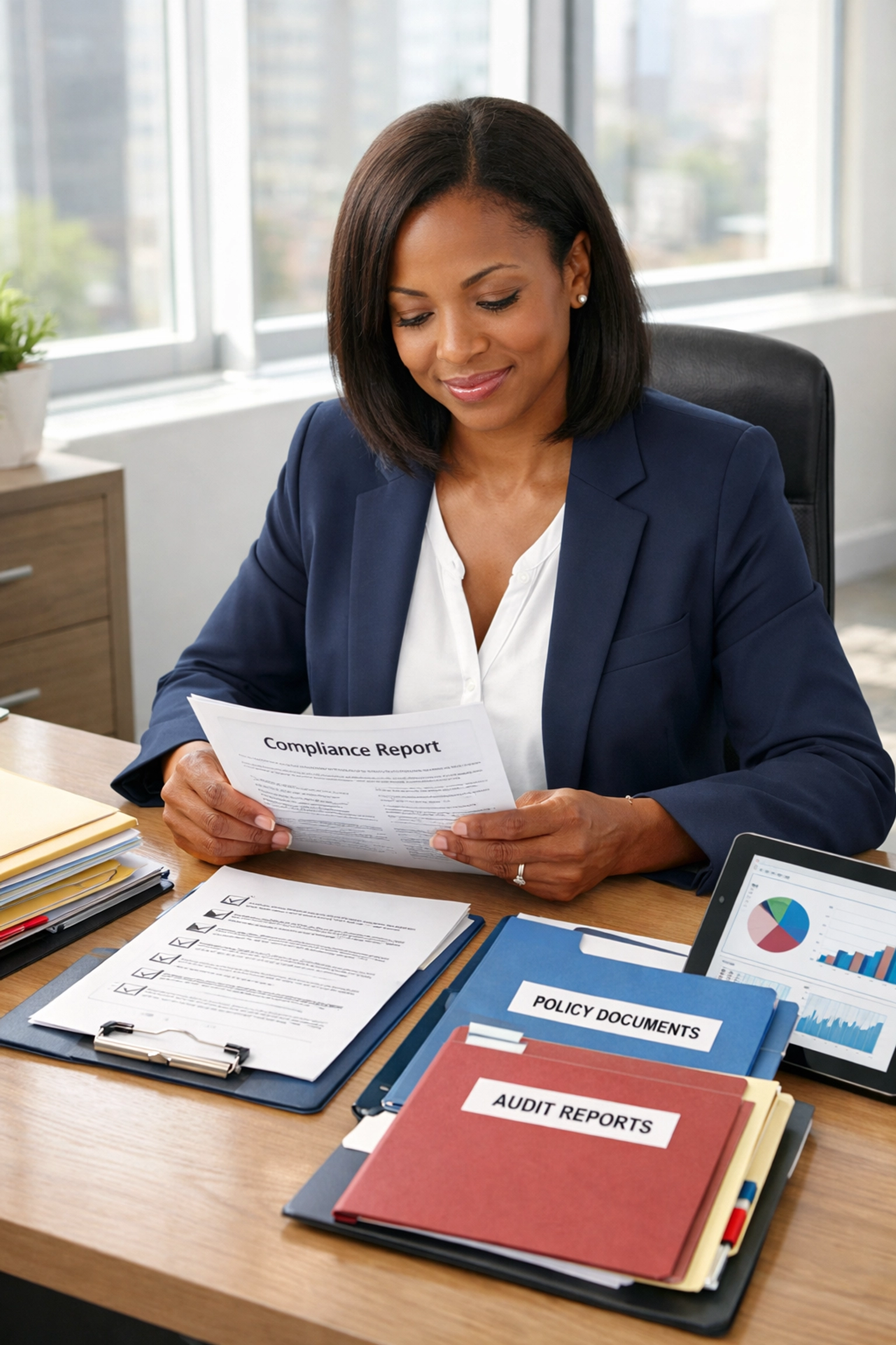 Trucking business consultant reviewing DOT compliance documents and driver qualification files