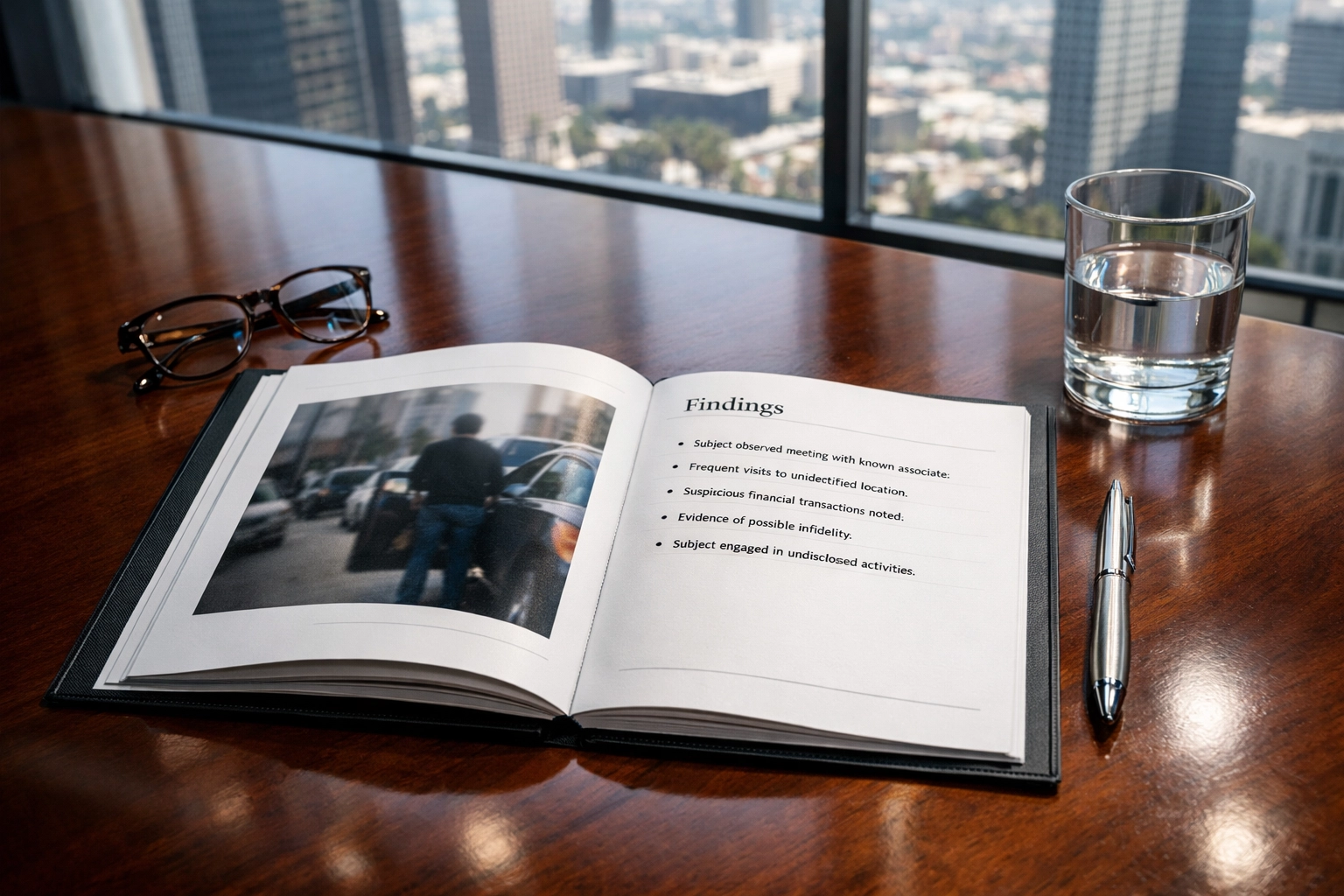 Professional investigative report for corporate fraud litigation on a Los Angeles law firm conference table.