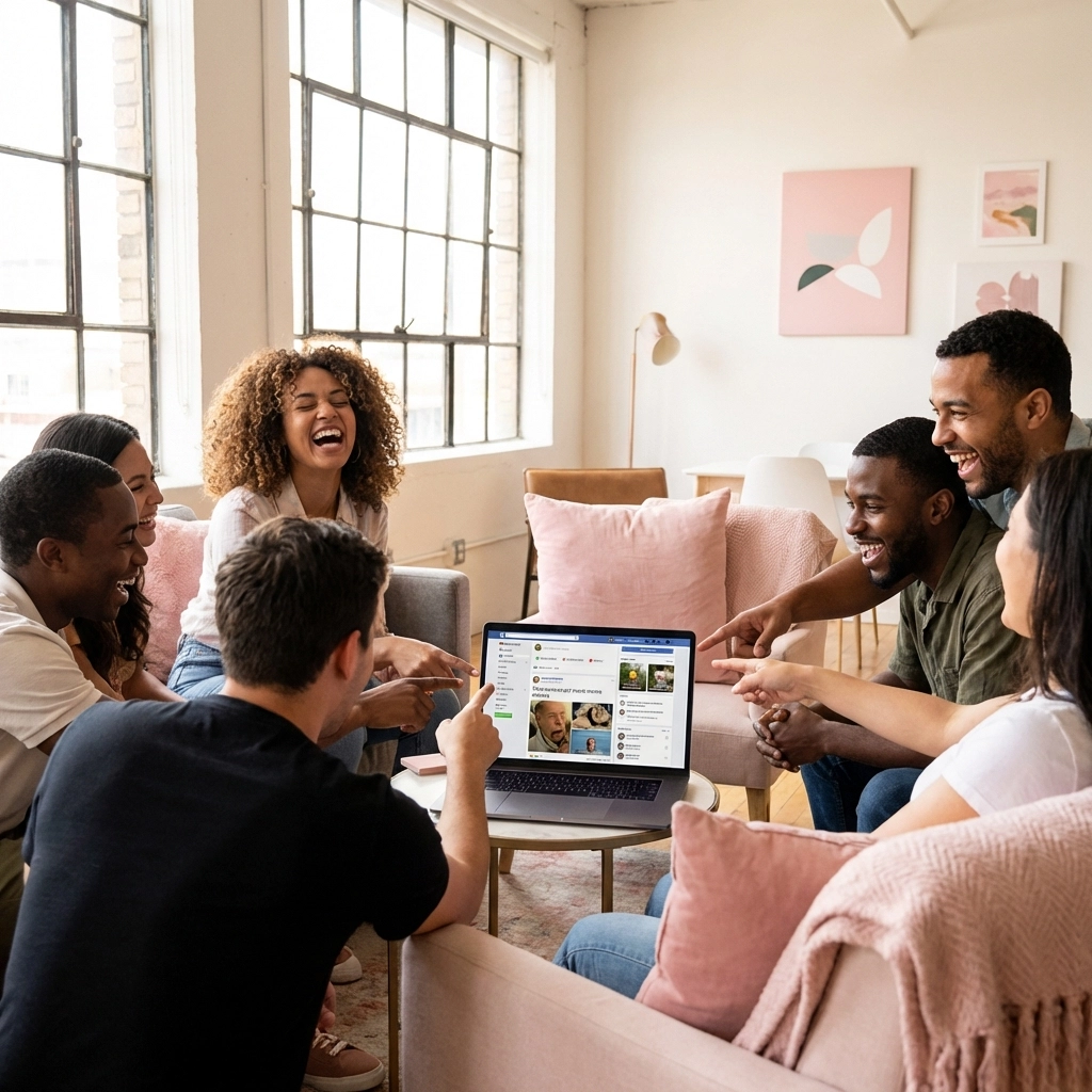 Diverse team gathers around laptop, engaged with social media content in a bright coworking space