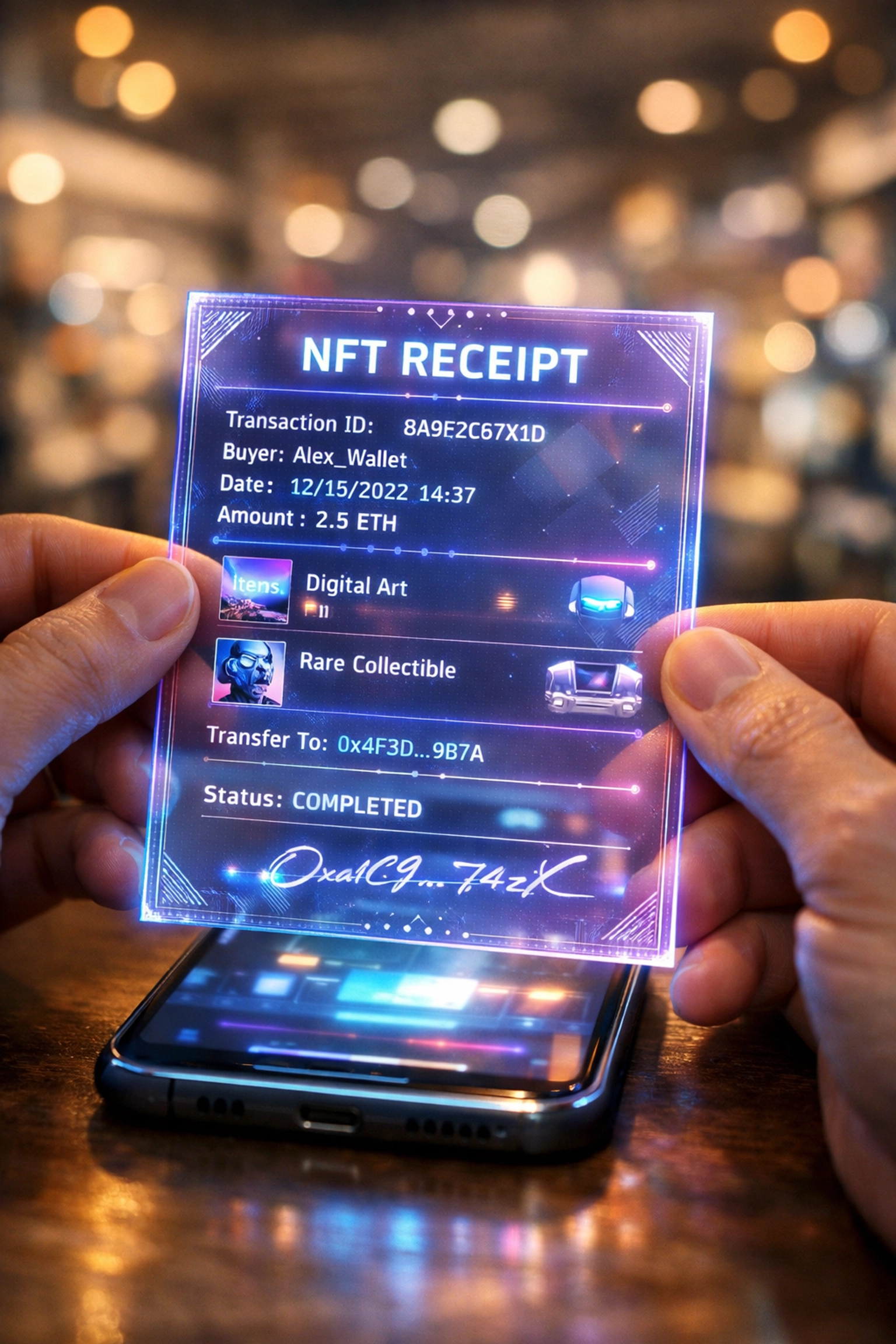 Digital NFT receipt showing blockchain transaction details on mobile device