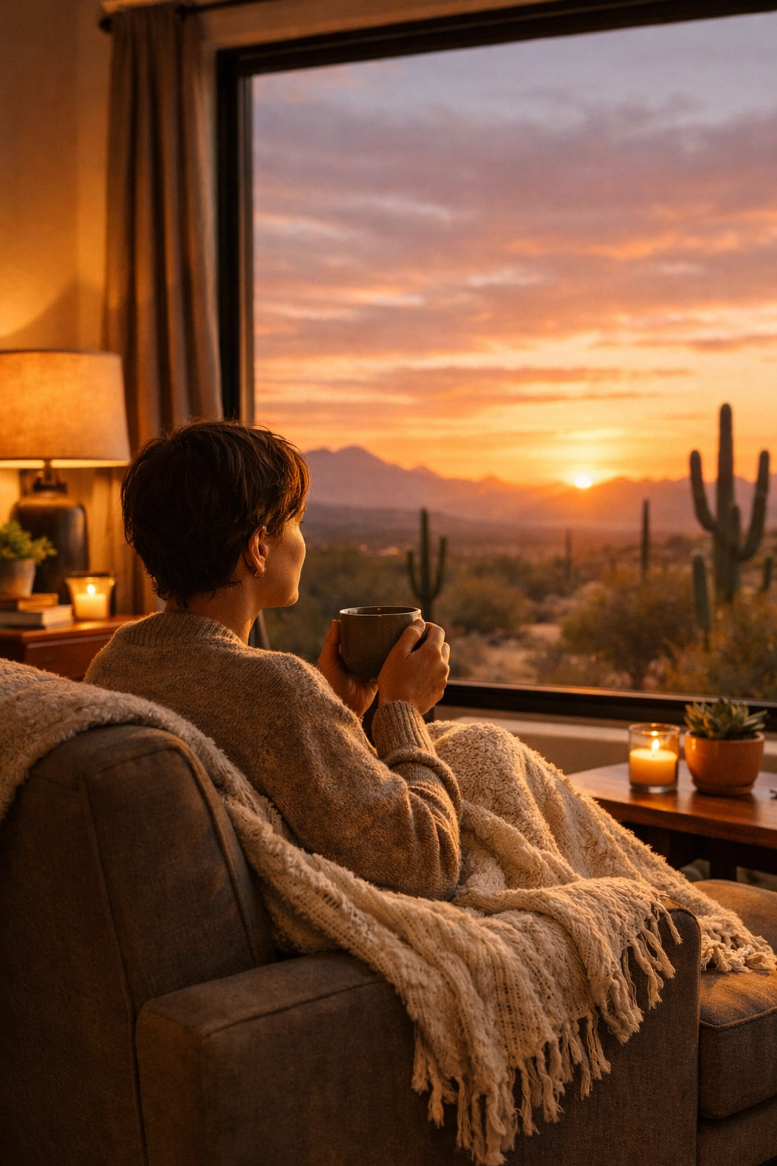 Person calmly reflecting on home decisions in Arizona living room at sunset Person calmly reflecting on home decisions in Arizona living room at sunset