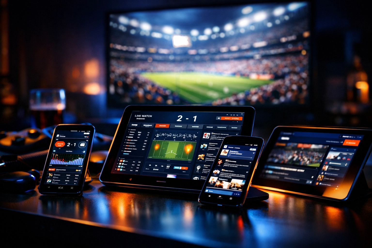 Mobile devices displaying live sports analytics and social media streams for Super Bowl digital engagement.