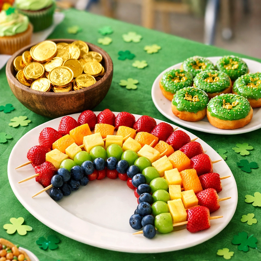 St. Patrick's Day classroom party snack spread with rainbow fruit skewers and gold chocolate coins.