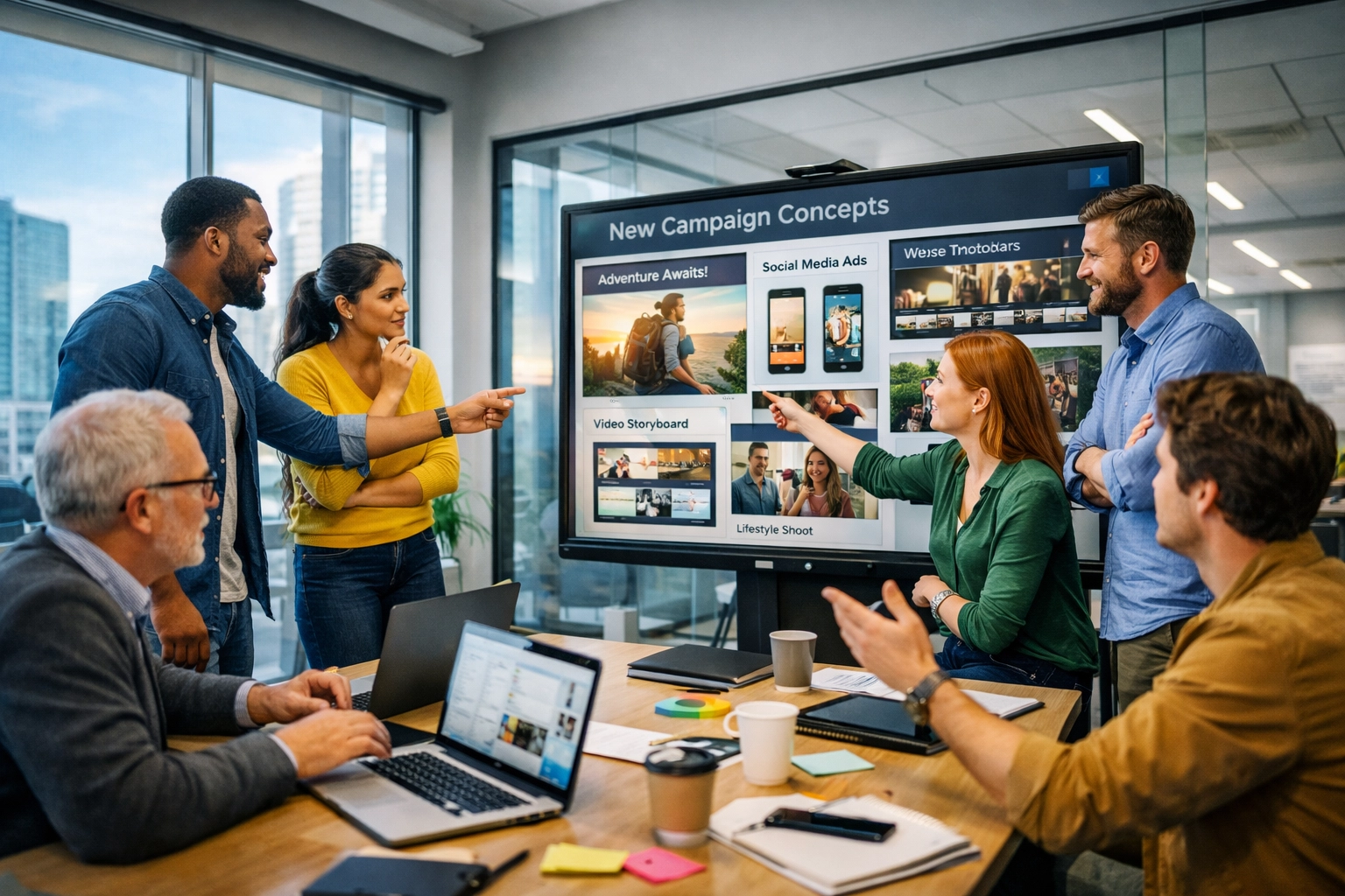 Creative team collaborating on media asset management and campaign strategy in modern conference room