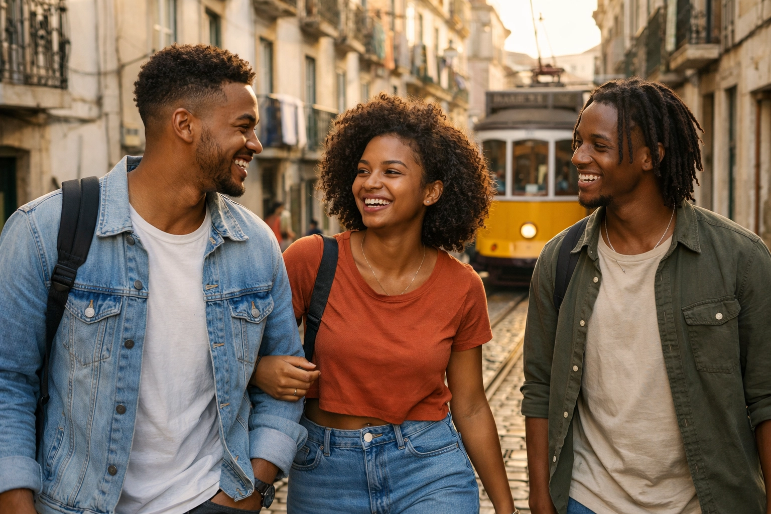 Jovens cabo-verdianos a explorar Lisboa com alegria, simbolizando integração e oportunidade em Portugal