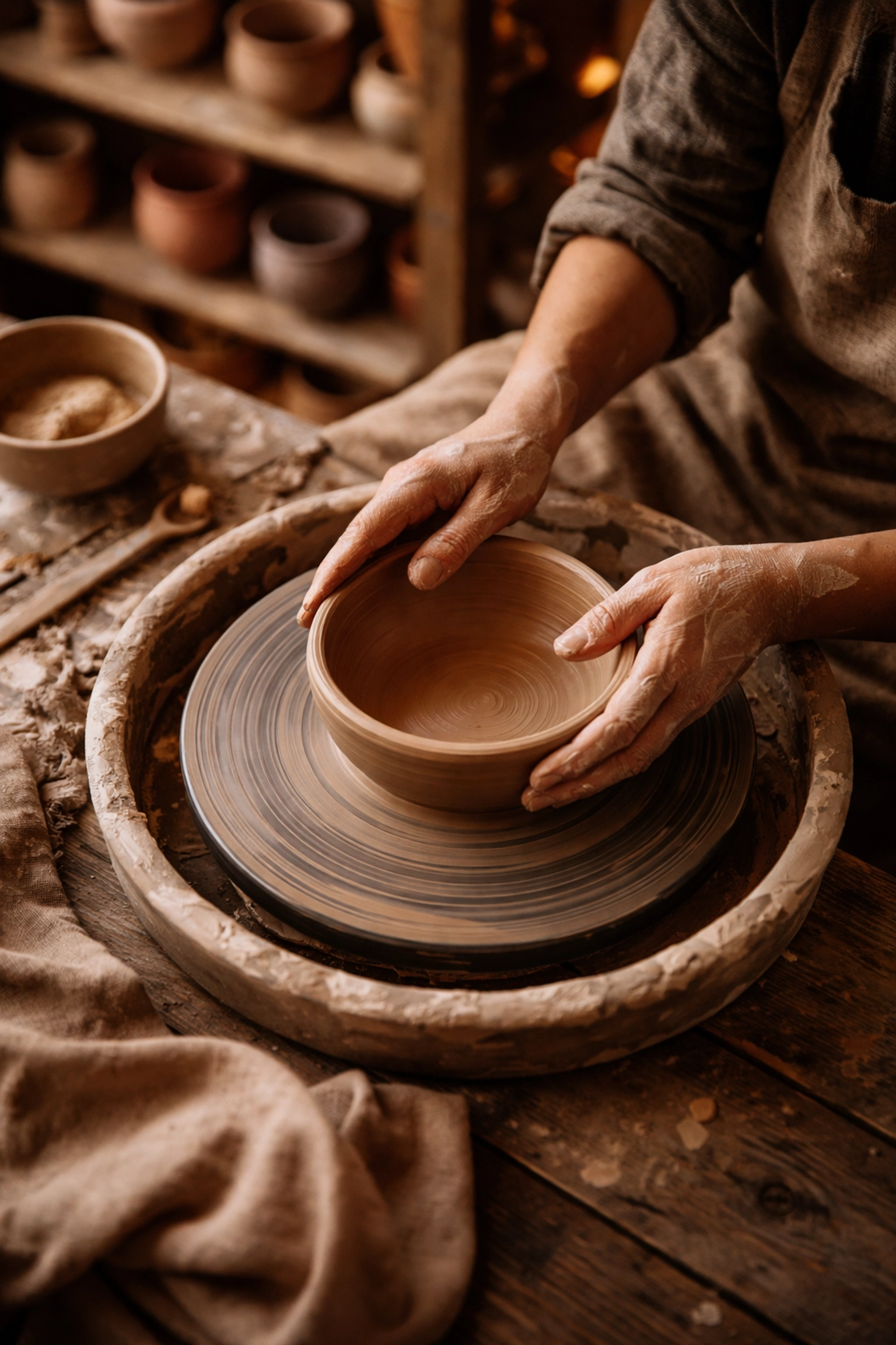 Artisan shaping a clay bowl in a rustic workshop, showing handmade craftsmanship and emotional connection.