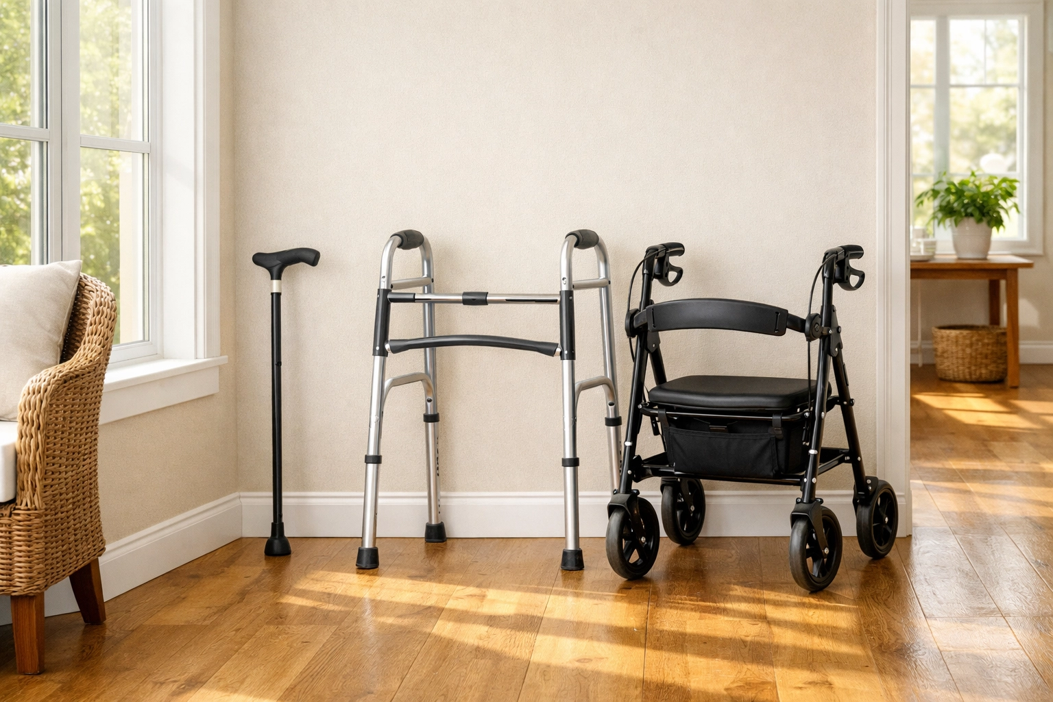 Comparison of a cane, folding walker, and rollator in a bright room to help choose the right mobility aid for seniors.
