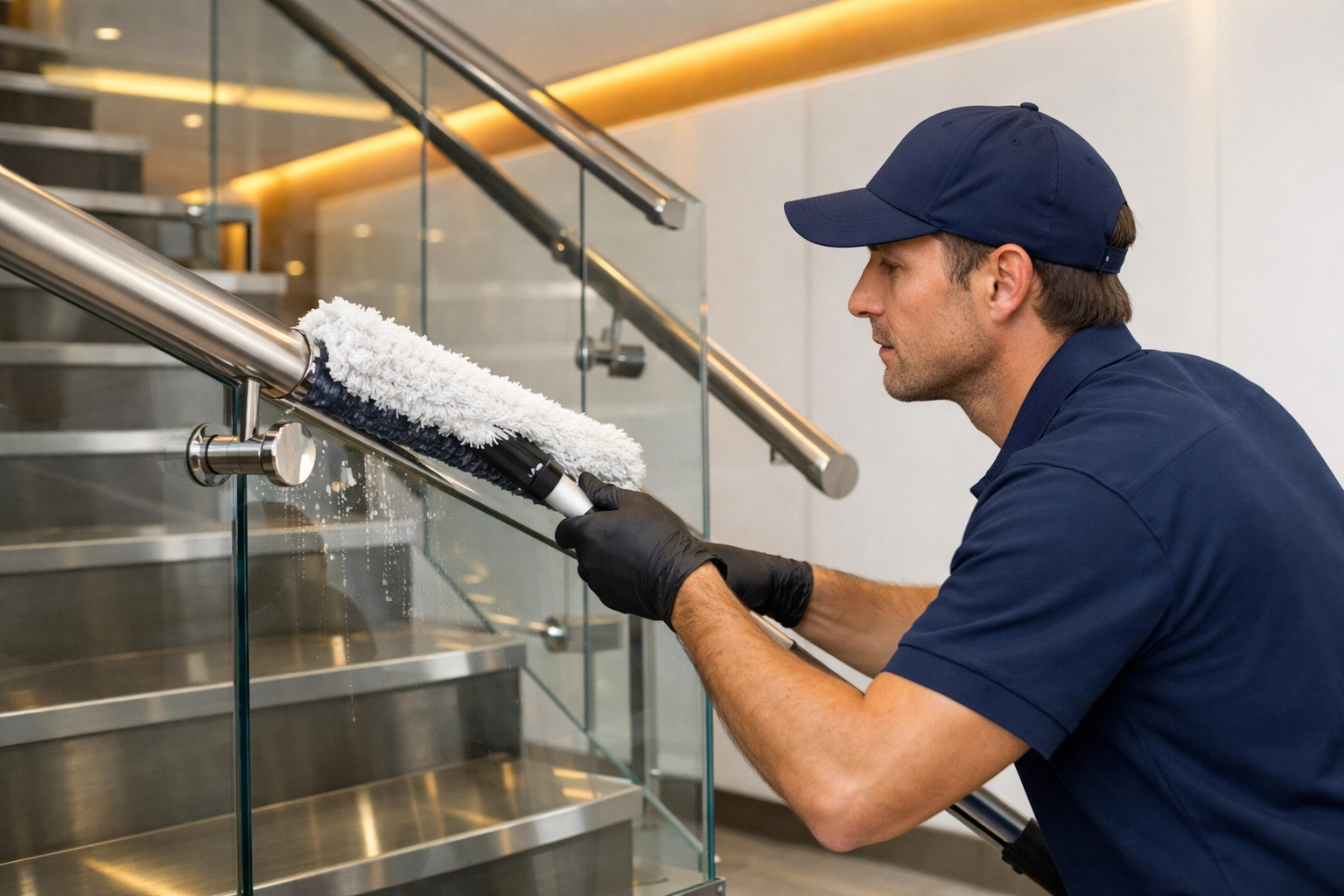 Professional janitor cleaning a modern glass staircase in a Randolph business, showing attention to detail.