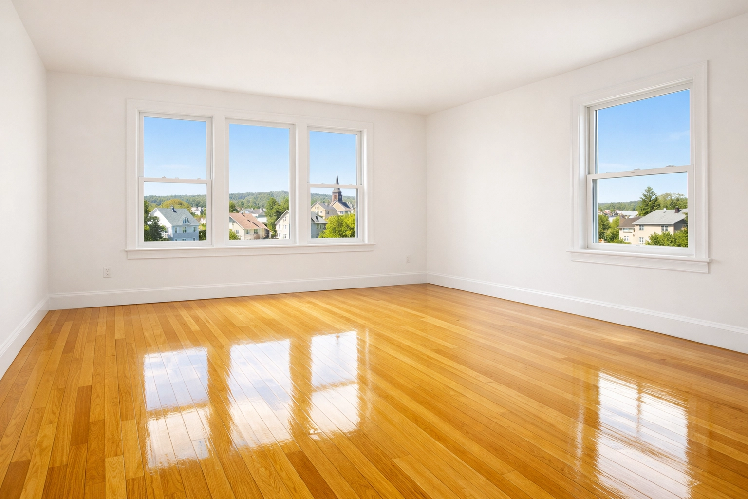 Empty room with polished hardwood floors following a successful move-out cleaning Worcester service.