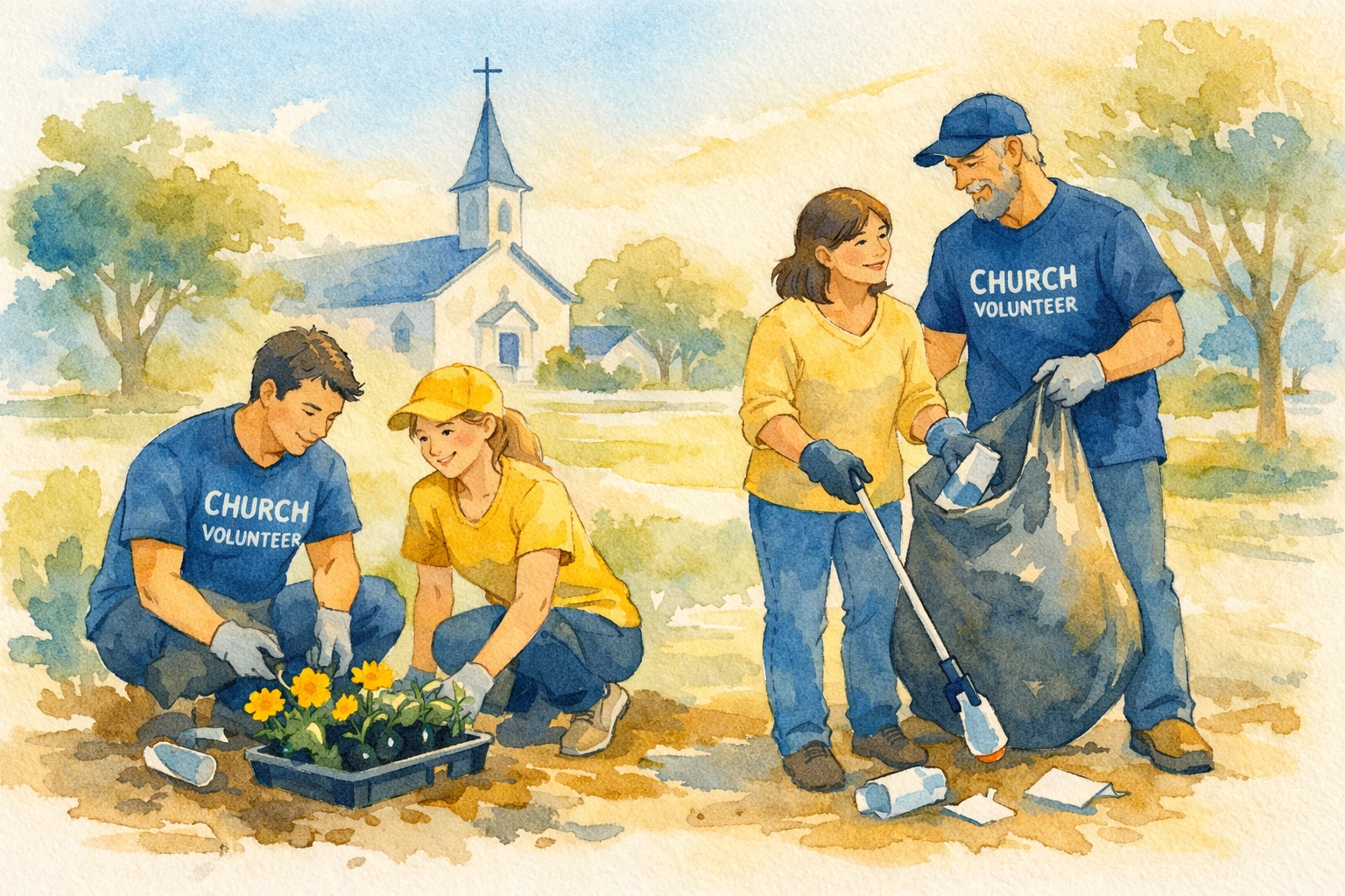 Church volunteer team serving neighborhood park planting flowers and cleaning up