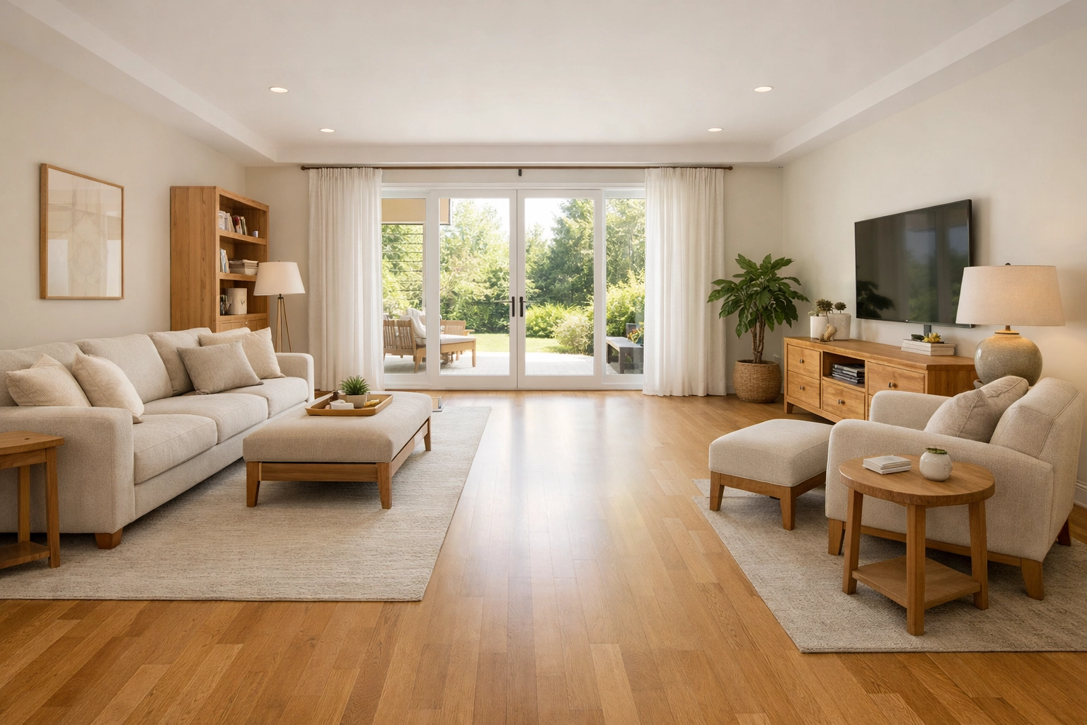 A bright, clutter-free living room with wide, unobstructed walking paths for safe senior mobility.