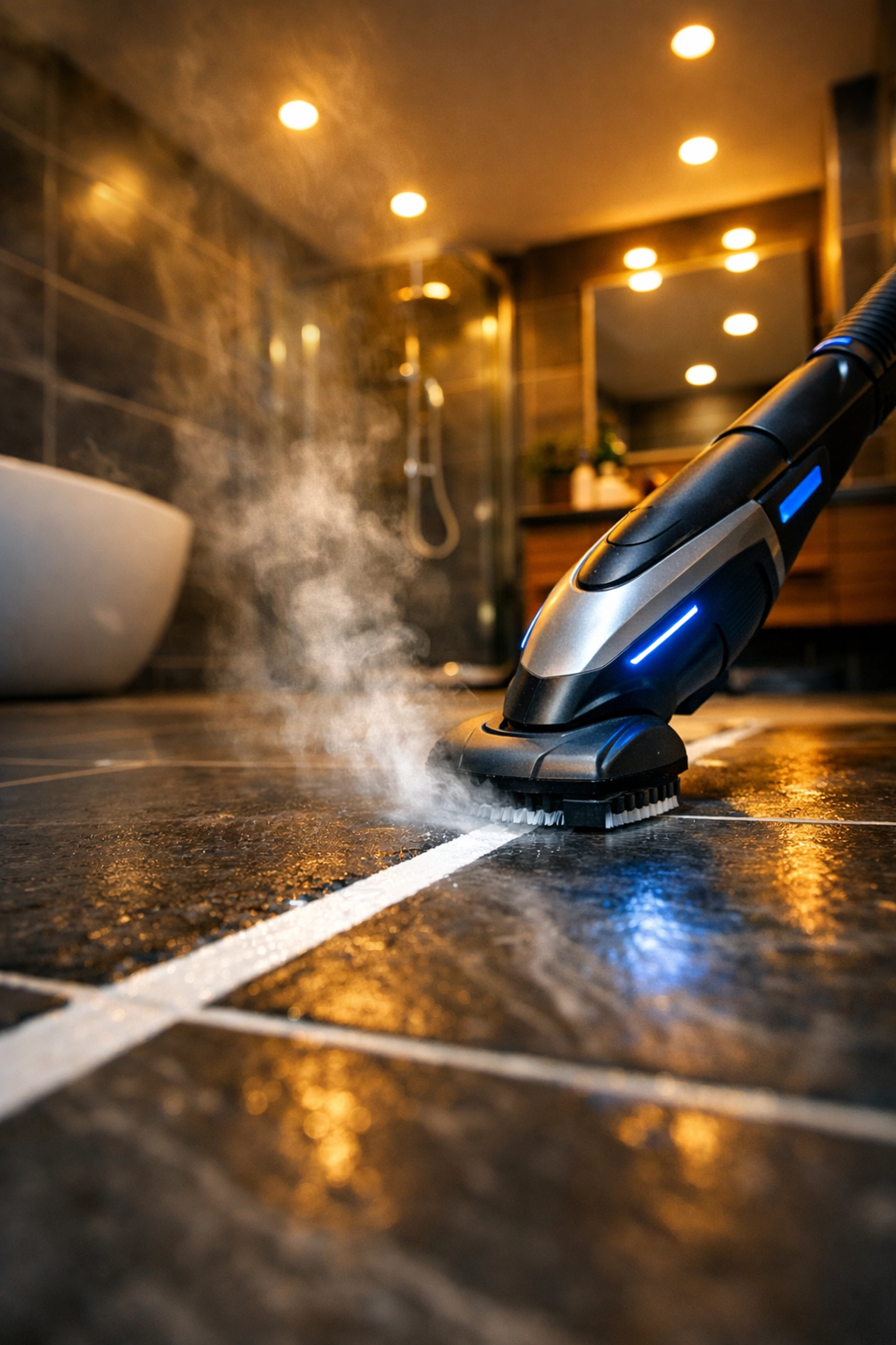 An electric grout scrubber cleaning dirty bathroom floor tiles and revealing bright white grout lines.