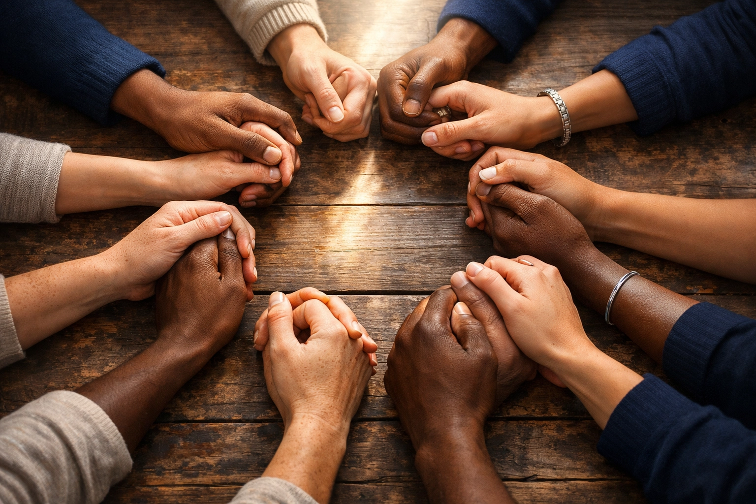 Diverse hands joined in prayer circle showing Christian unity and intercession
