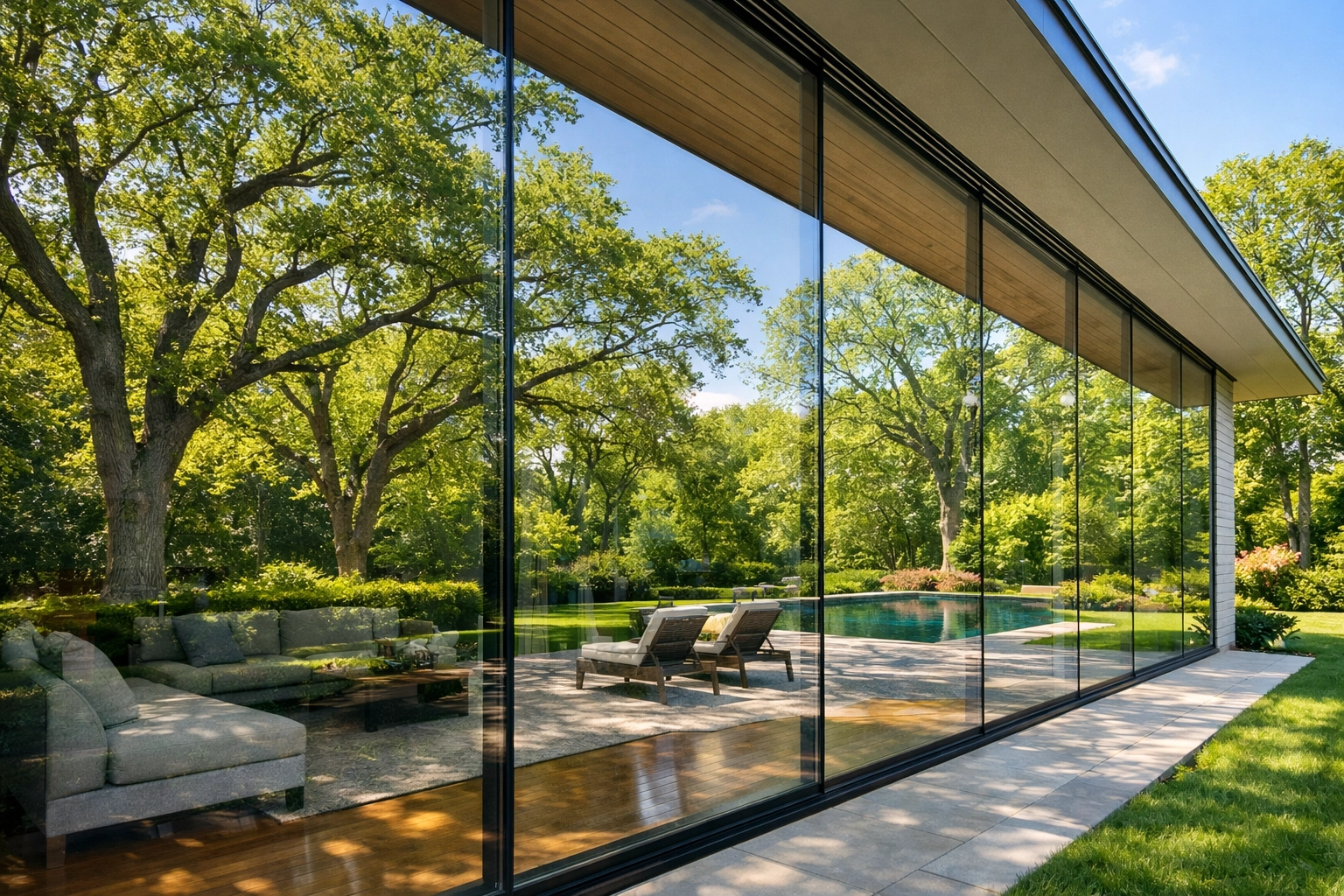 Crystal-clear floor-to-ceiling windows on a luxury Westchester home overlooking a lush backyard.