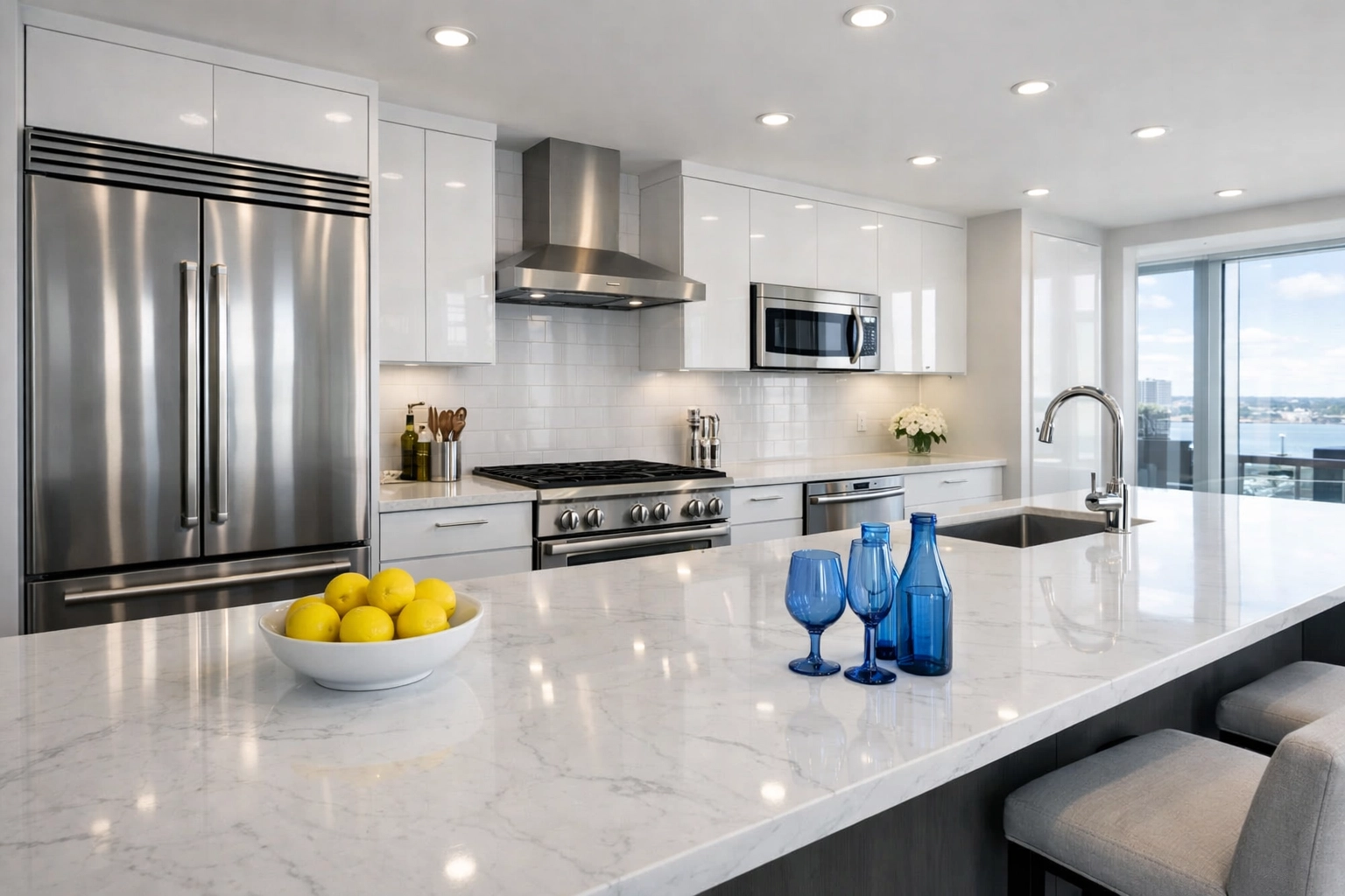 Gleaming marble countertops and clean appliances after a professional Boston apartment turnover.