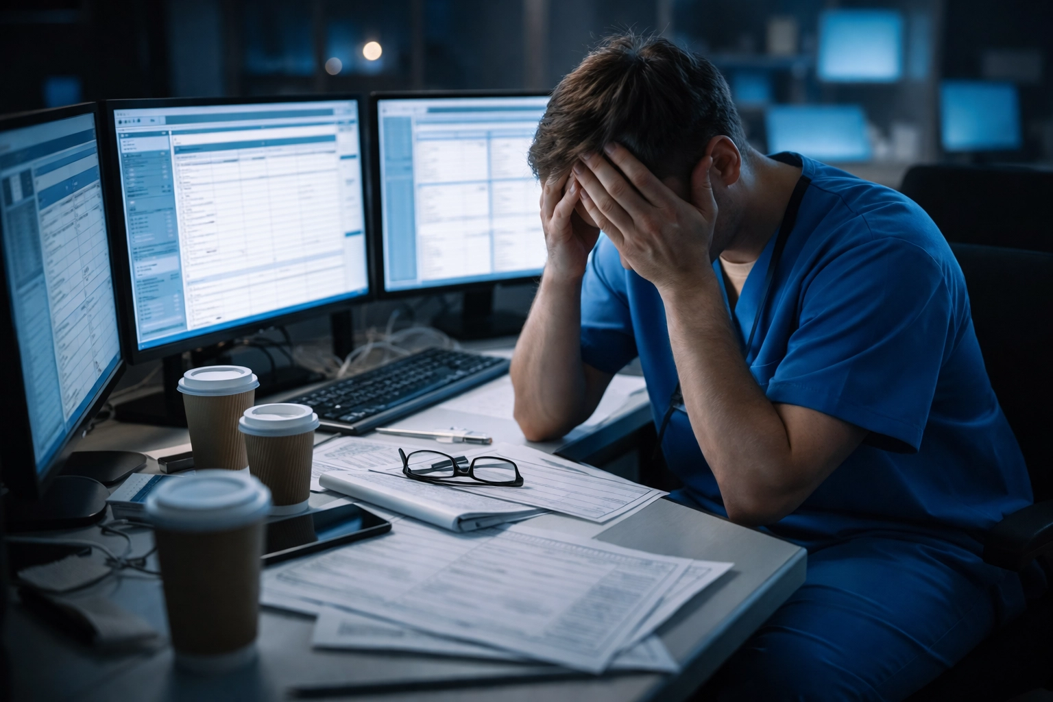 Stressed clinician in scrubs surrounded by computers and paperwork, highlighting the burden of healthcare documentation time.