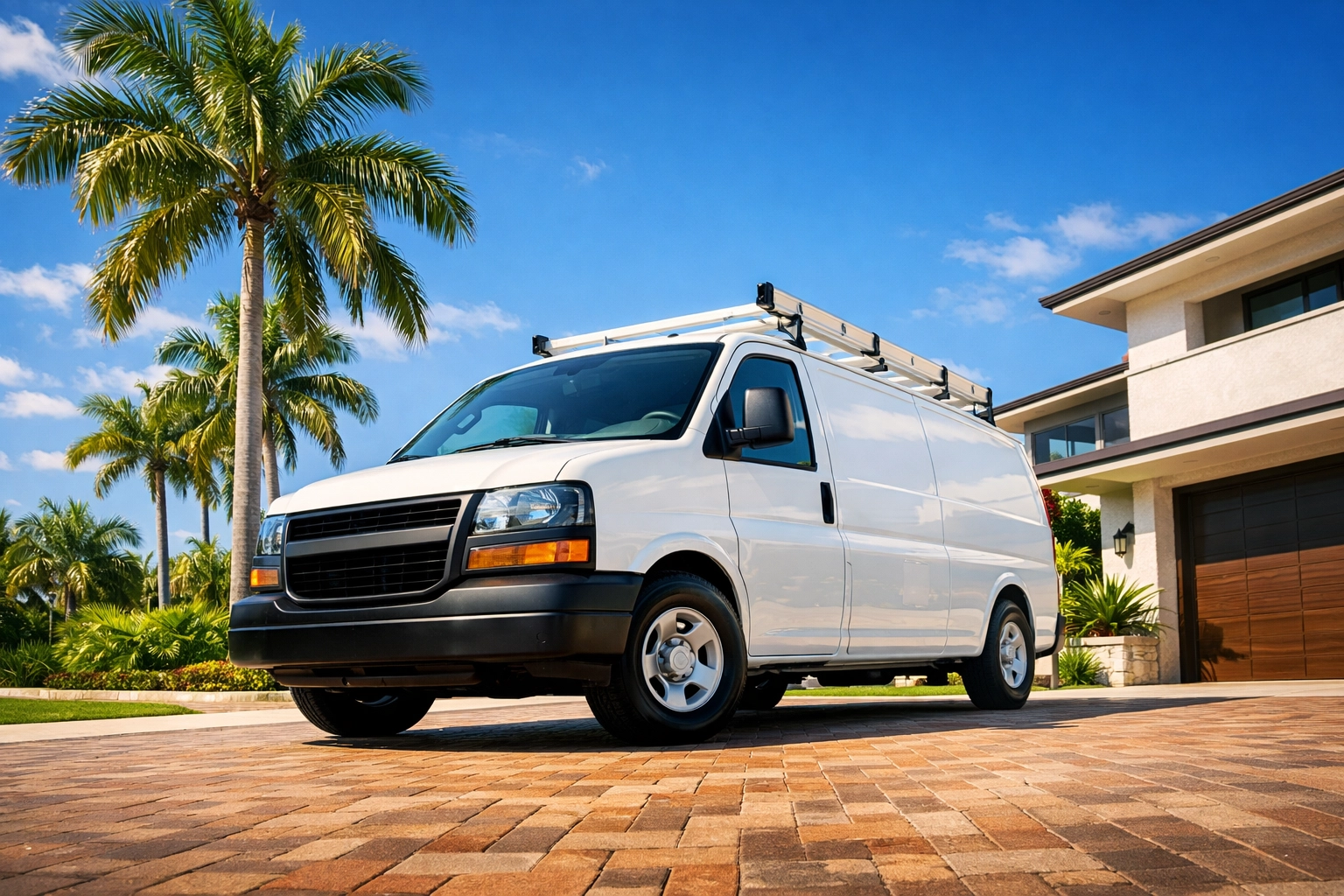 Professional service van parked at a modern Sarasota home under palm trees, representing local business presence.
