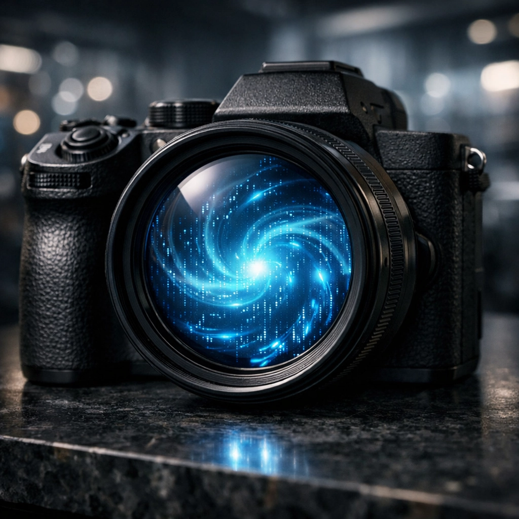 Professional mirrorless camera with glowing AI data streams in the lens, symbolizing photography news trends.