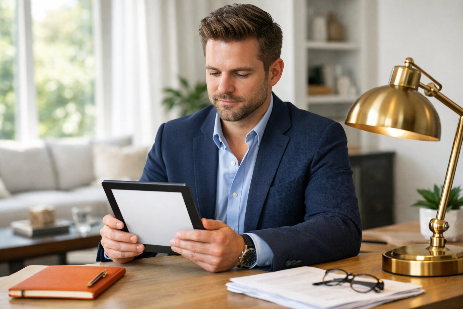 Millennial executor using a tablet to manage a Gwinnett County probate house sale efficiently.