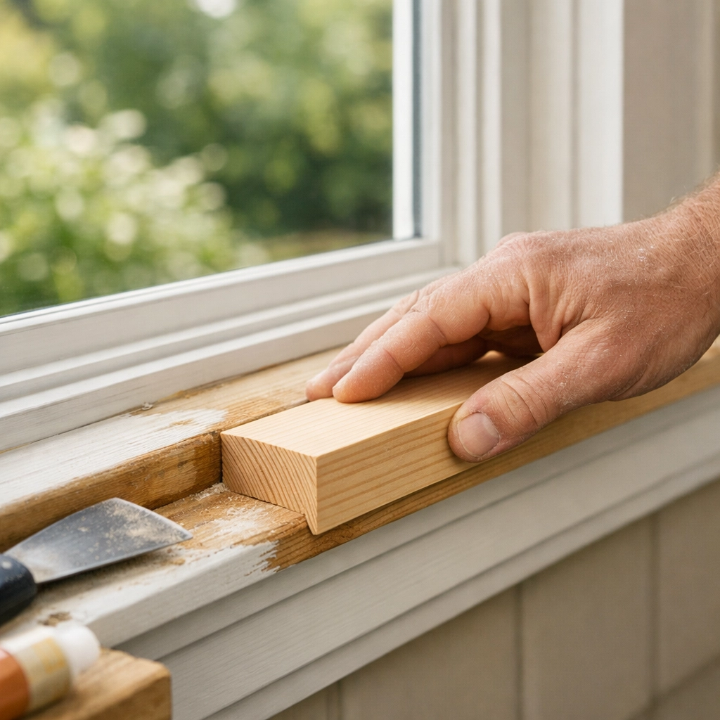 Professional exterior wood rot repair on a window sill before painting a home in North Atlanta.