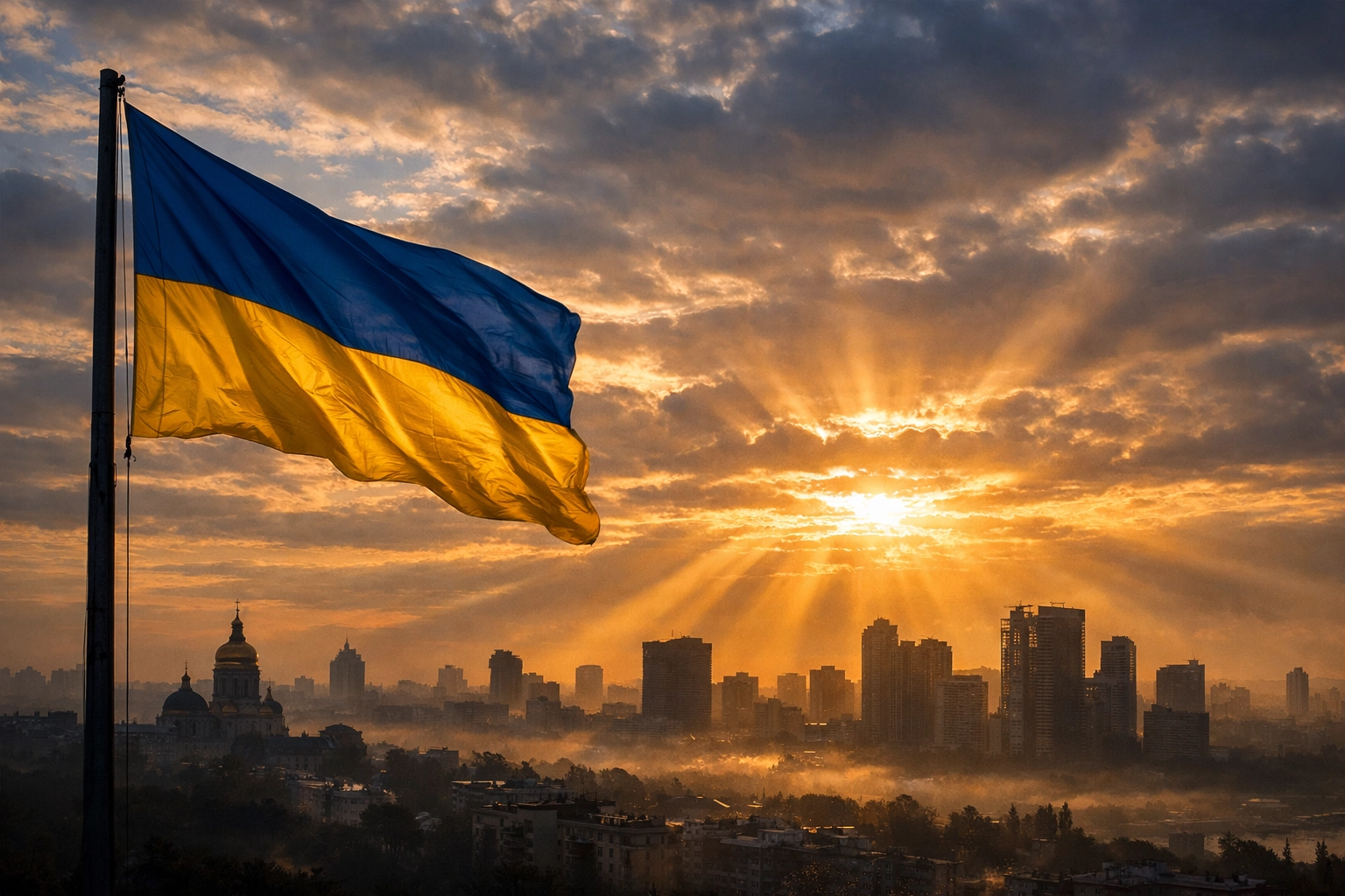 Ukrainian flag waving over Kyiv at dawn marking four years since Russian invasion