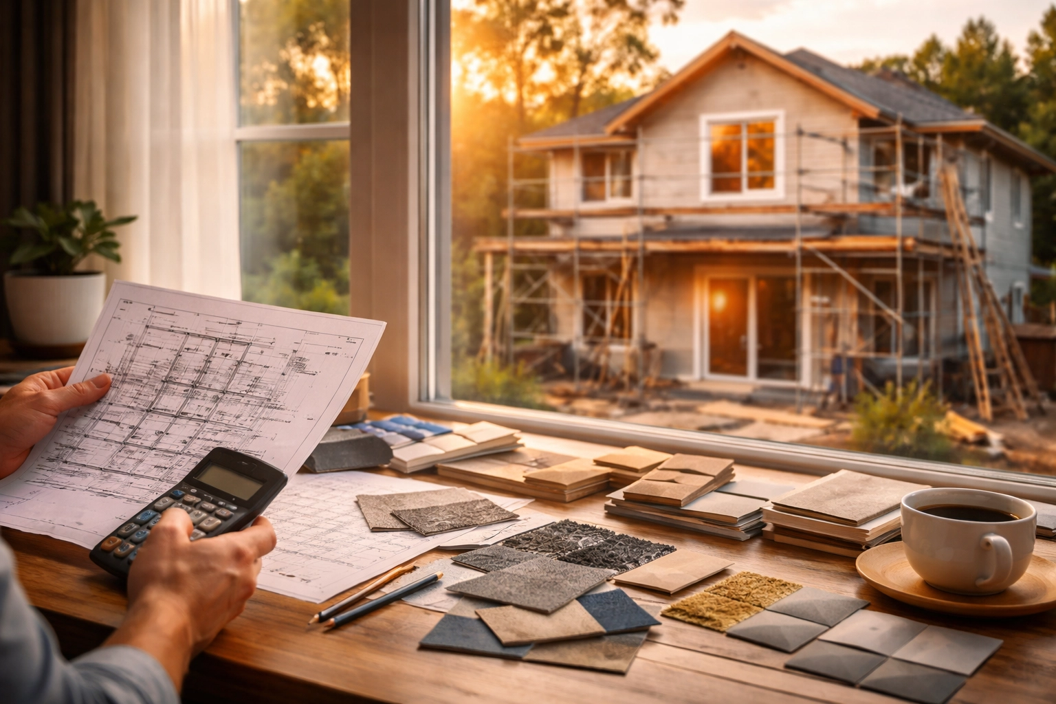 Architect comparing loft conversion and house extension plans with renovation in progress