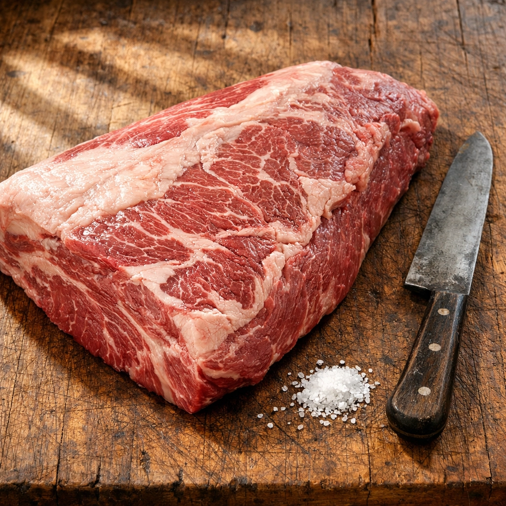 High-quality raw beef brisket resting on a wooden butcher block with sea salt and a chef's knife.