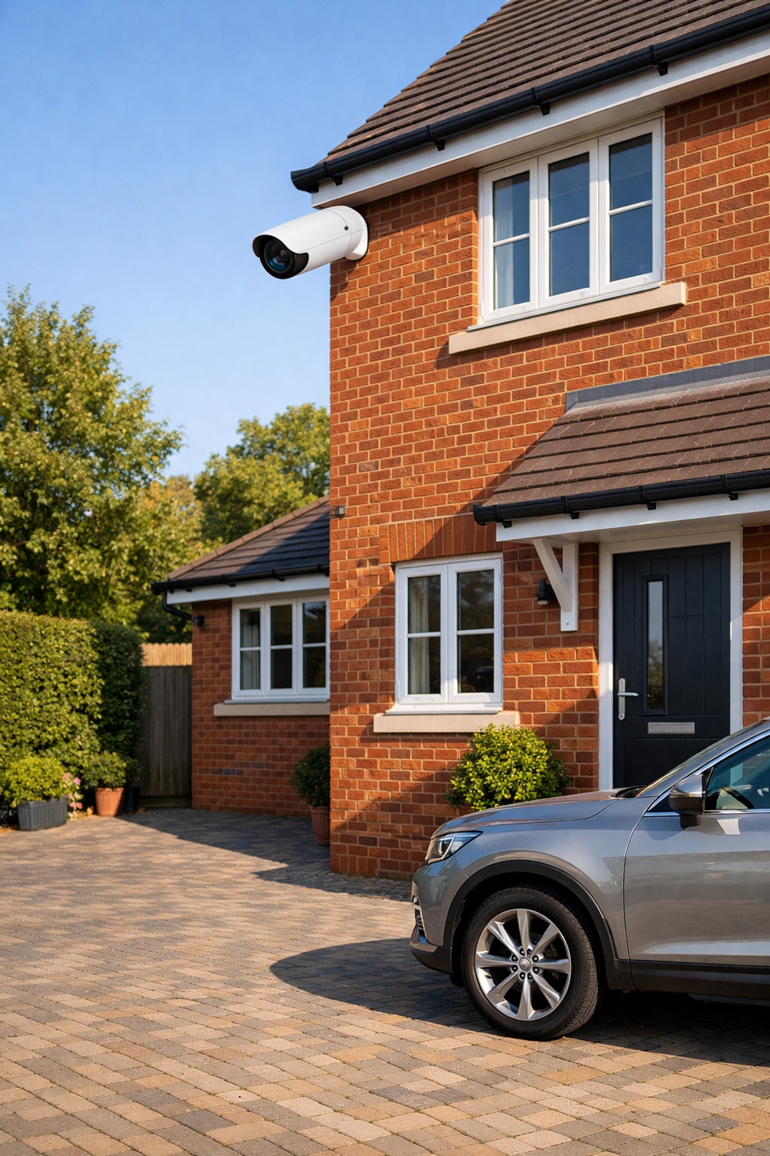 Modern CCTV installation on a red-brick home in Basingstoke for 24/7 property monitoring.