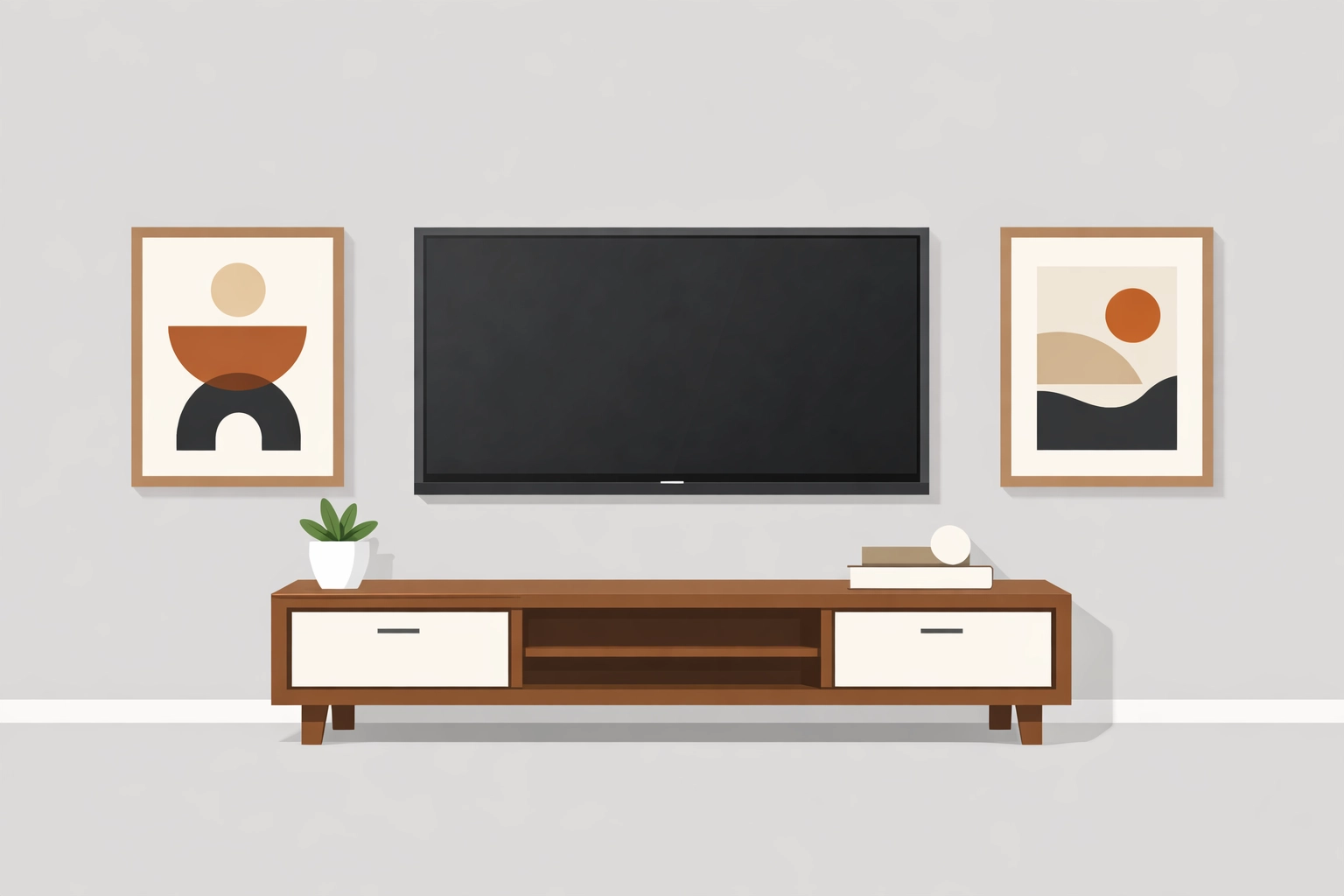 Mounted flat-screen TV above console with framed art in modern living room
