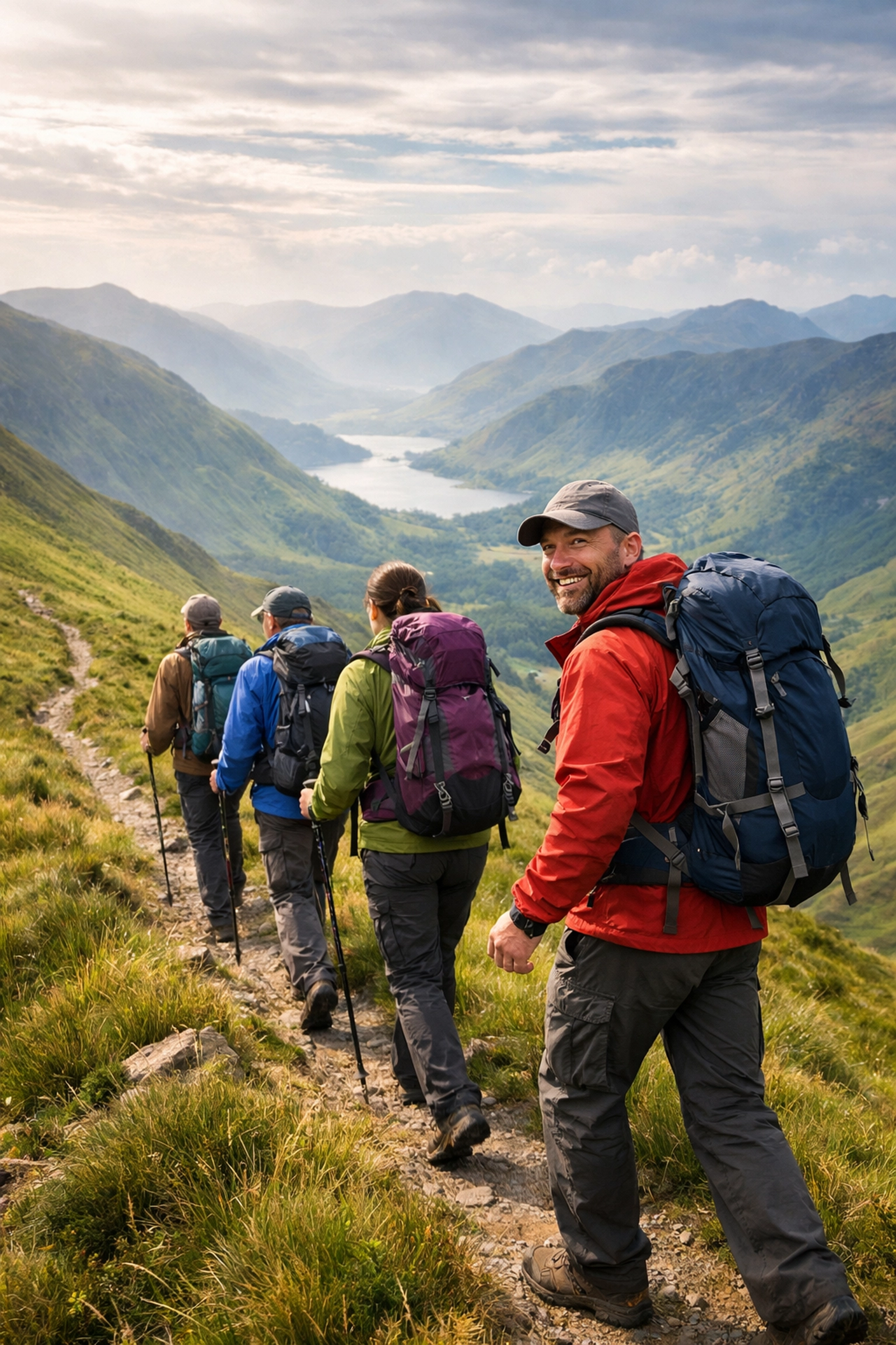 Group of hikers following a steady guide pace along a scenic Lake District mountain ridge.