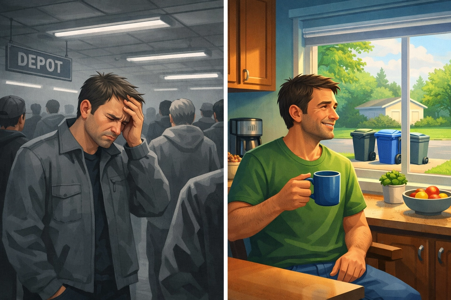 Depot recycling lines versus relaxed home curbside can pickup comparison