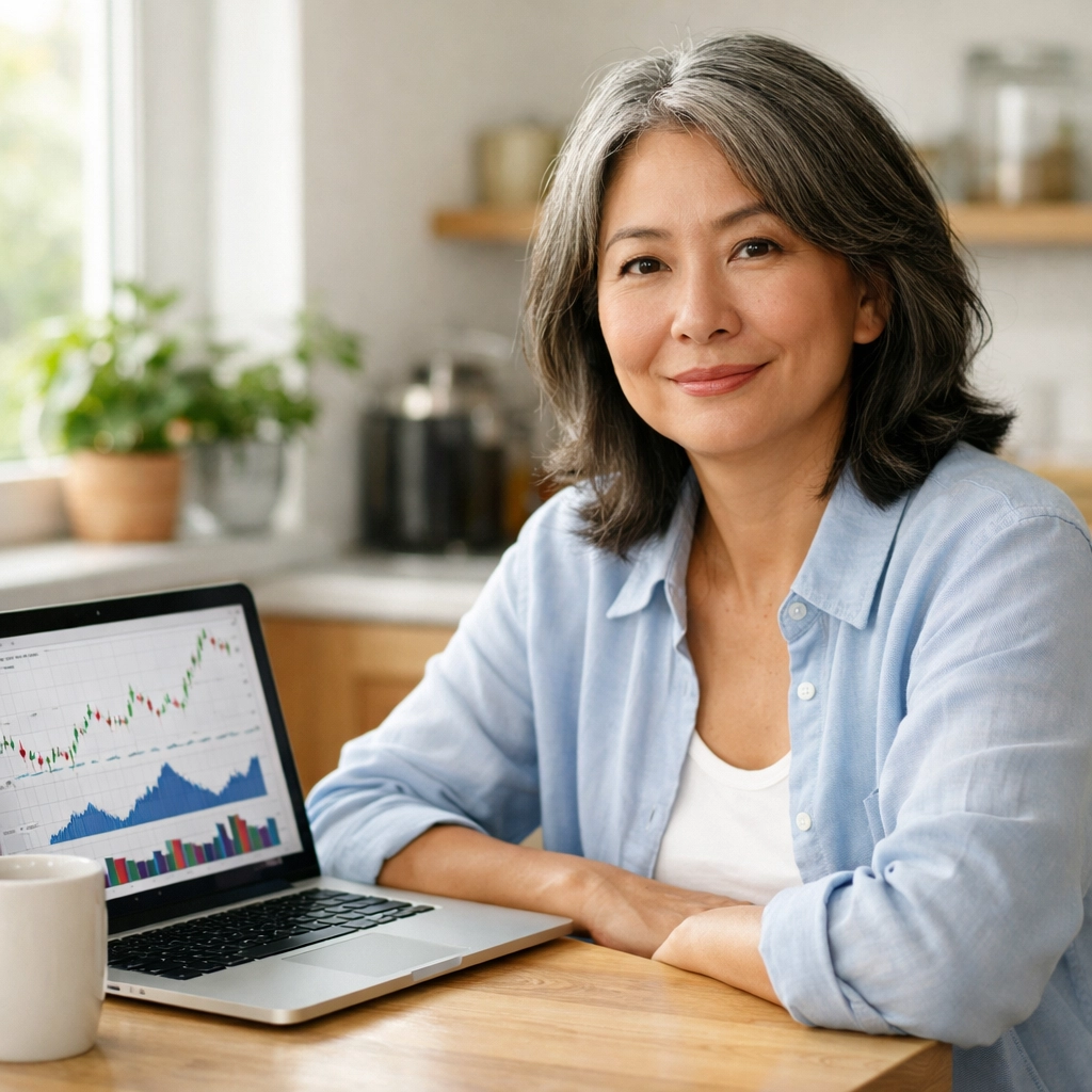 Woman confidently reviewing guaranteed retirement income plan at home