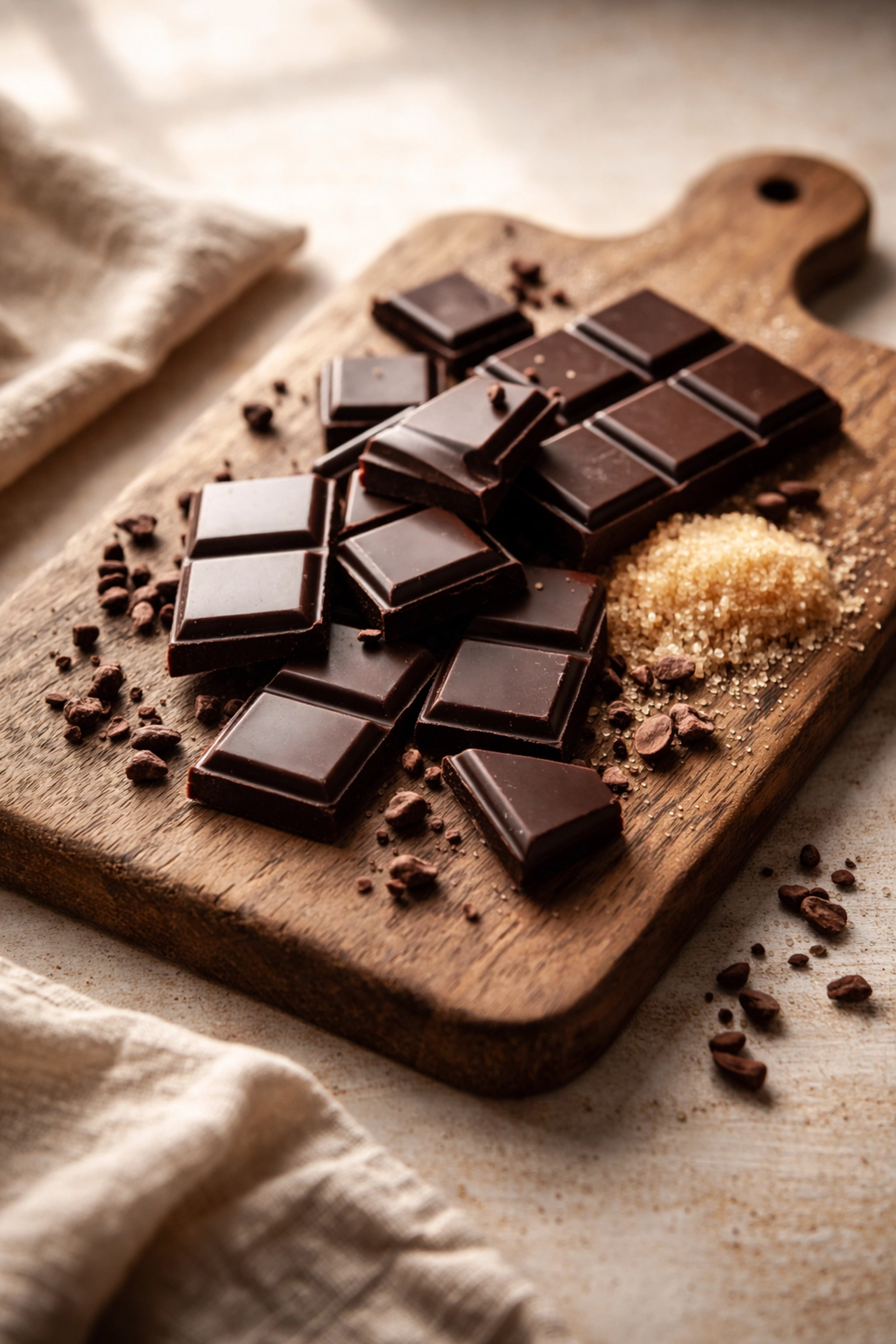 Artisan 60% dark chocolate bars broken on a wooden board with cocoa nibs and sugar, showing the ideal chocolate to sugar ratio.
