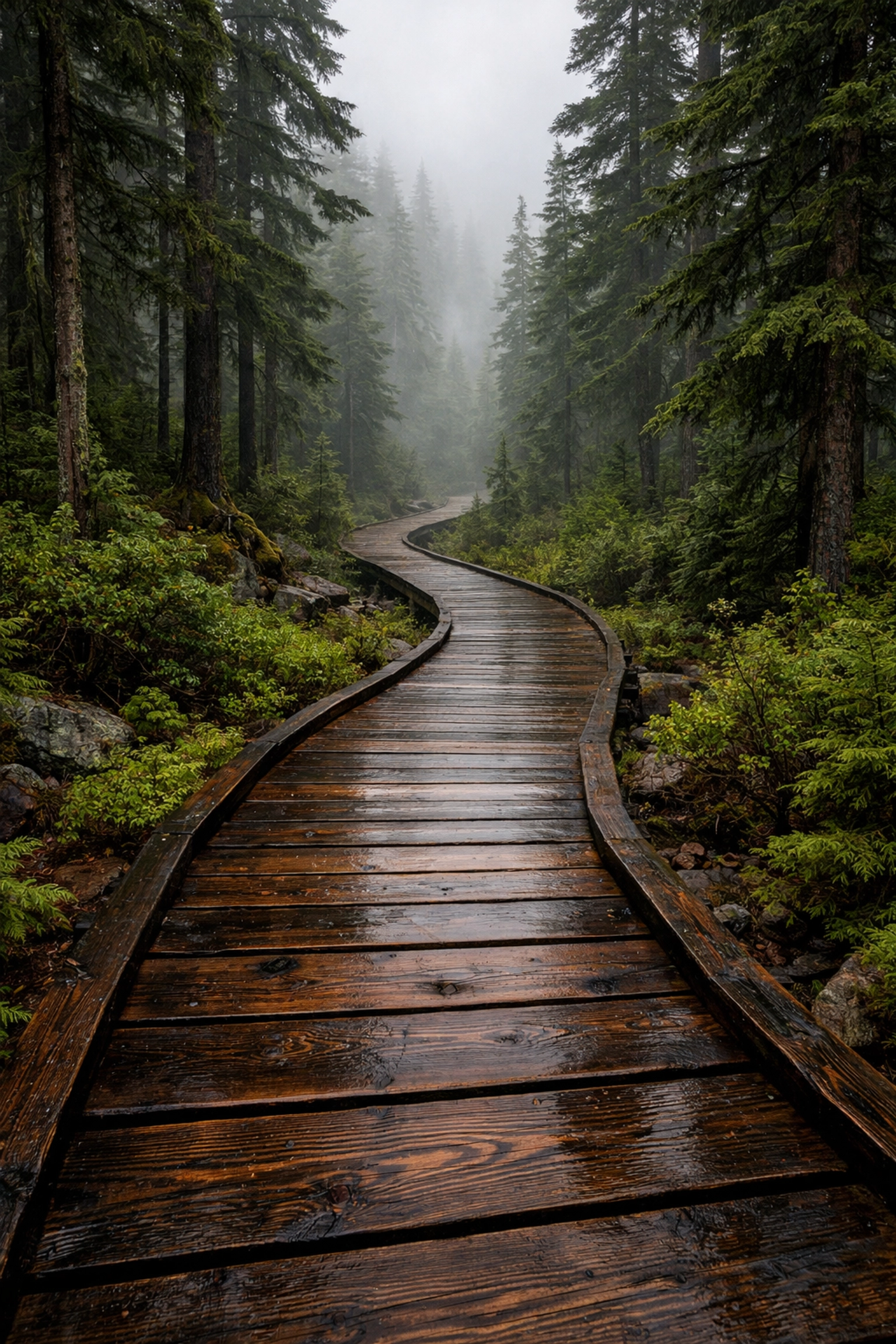 Winding boardwalk in a misty forest demonstrating leading lines in landscape photography for beginners.