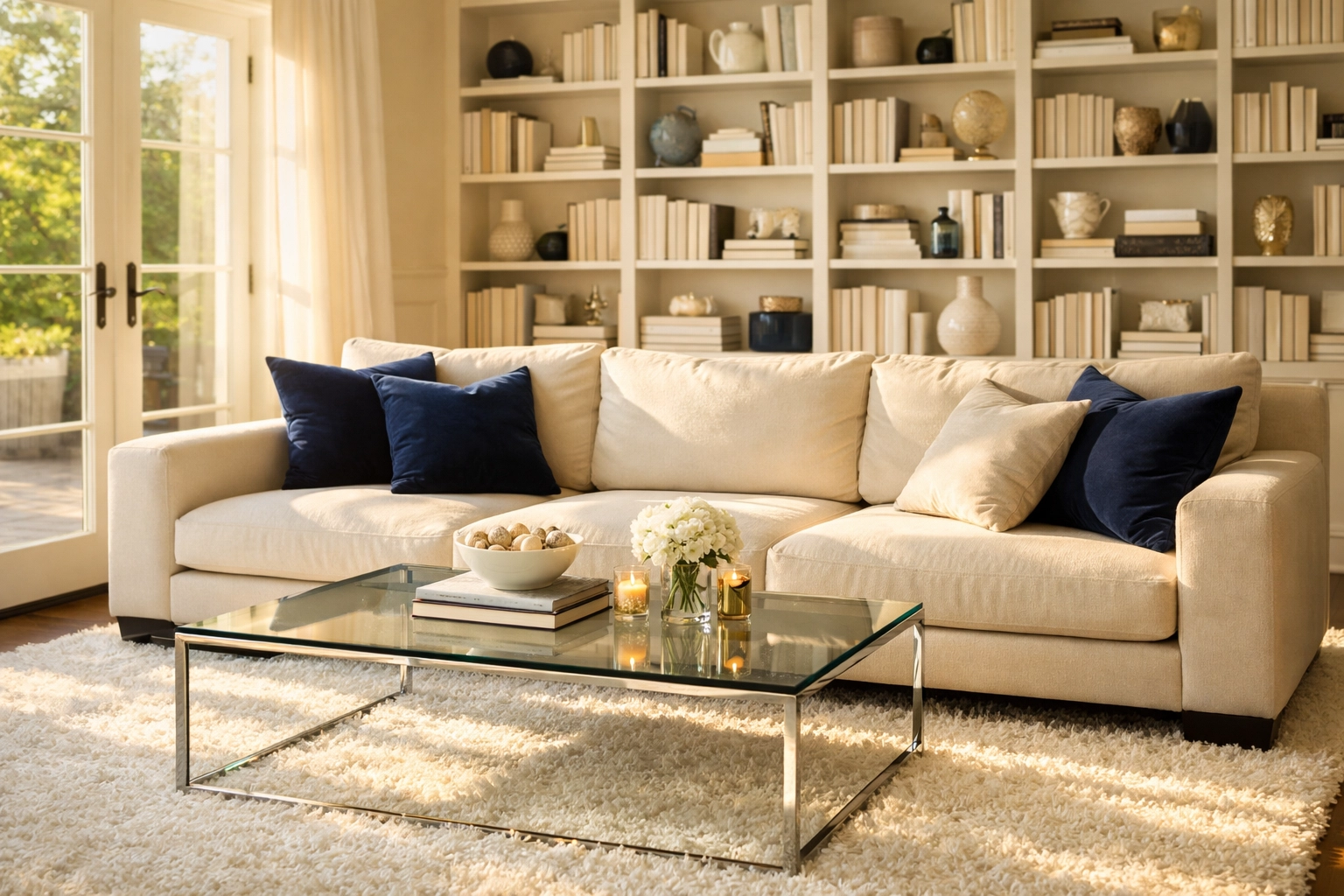 Spotless luxury living room highlighting the benefits of recurring residential cleaning Massachusetts in Dover.