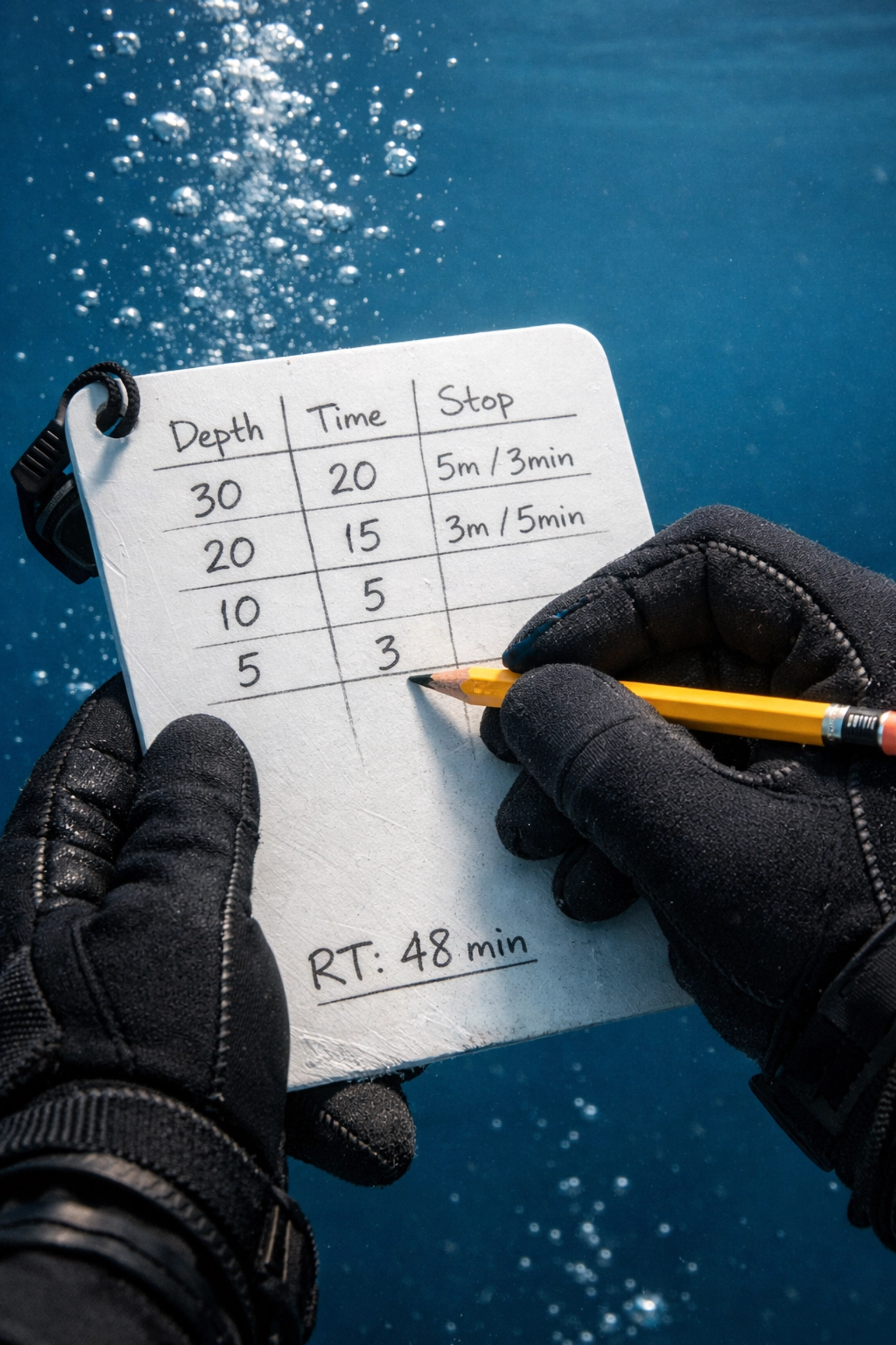 Taucher notiert Runtime-Table auf wasserfester Schreibtafel unter Wasser