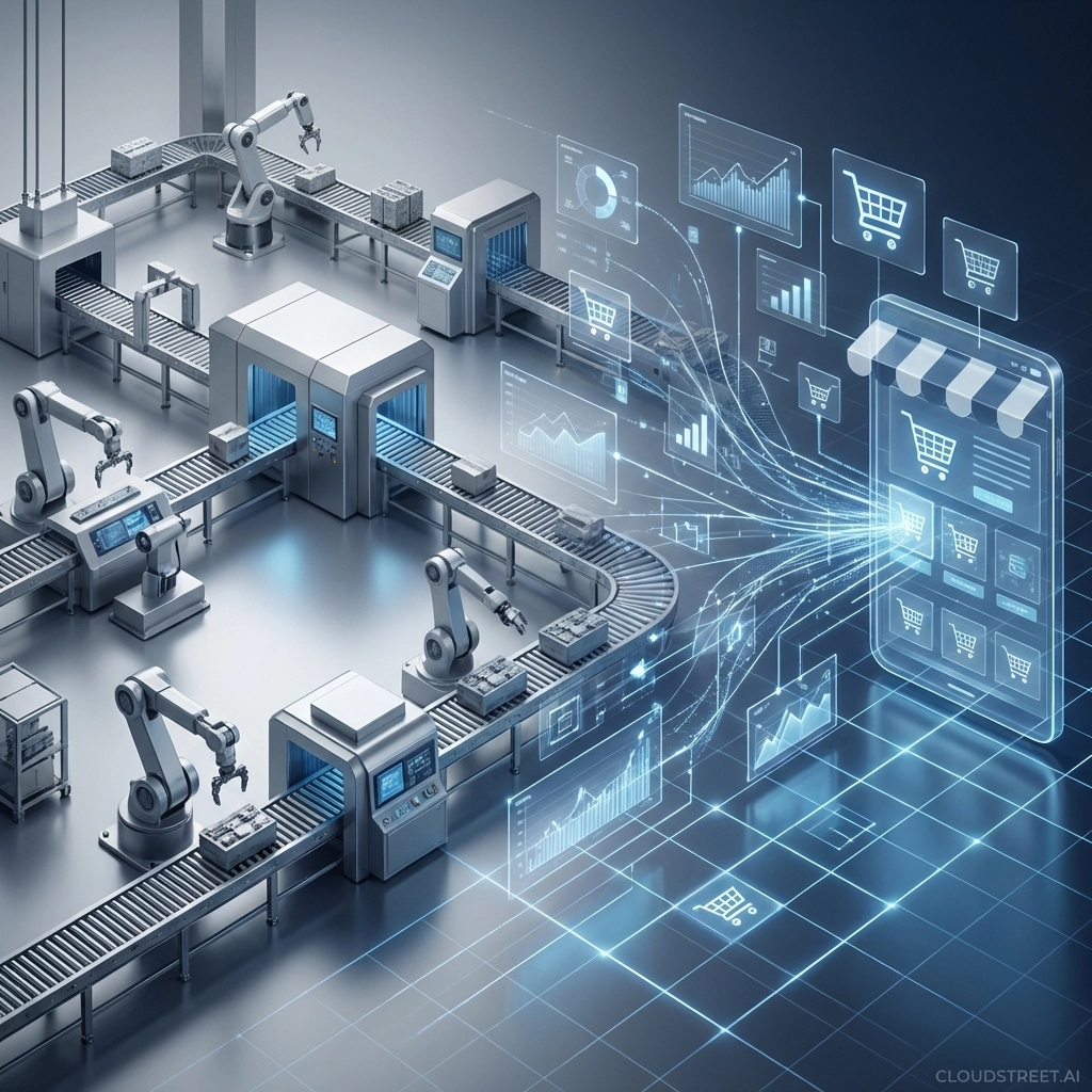 Modern factory floor with digital commerce overlays, illustrating manufacturing digital transformation with Salesforce B2B Commerce Cloud