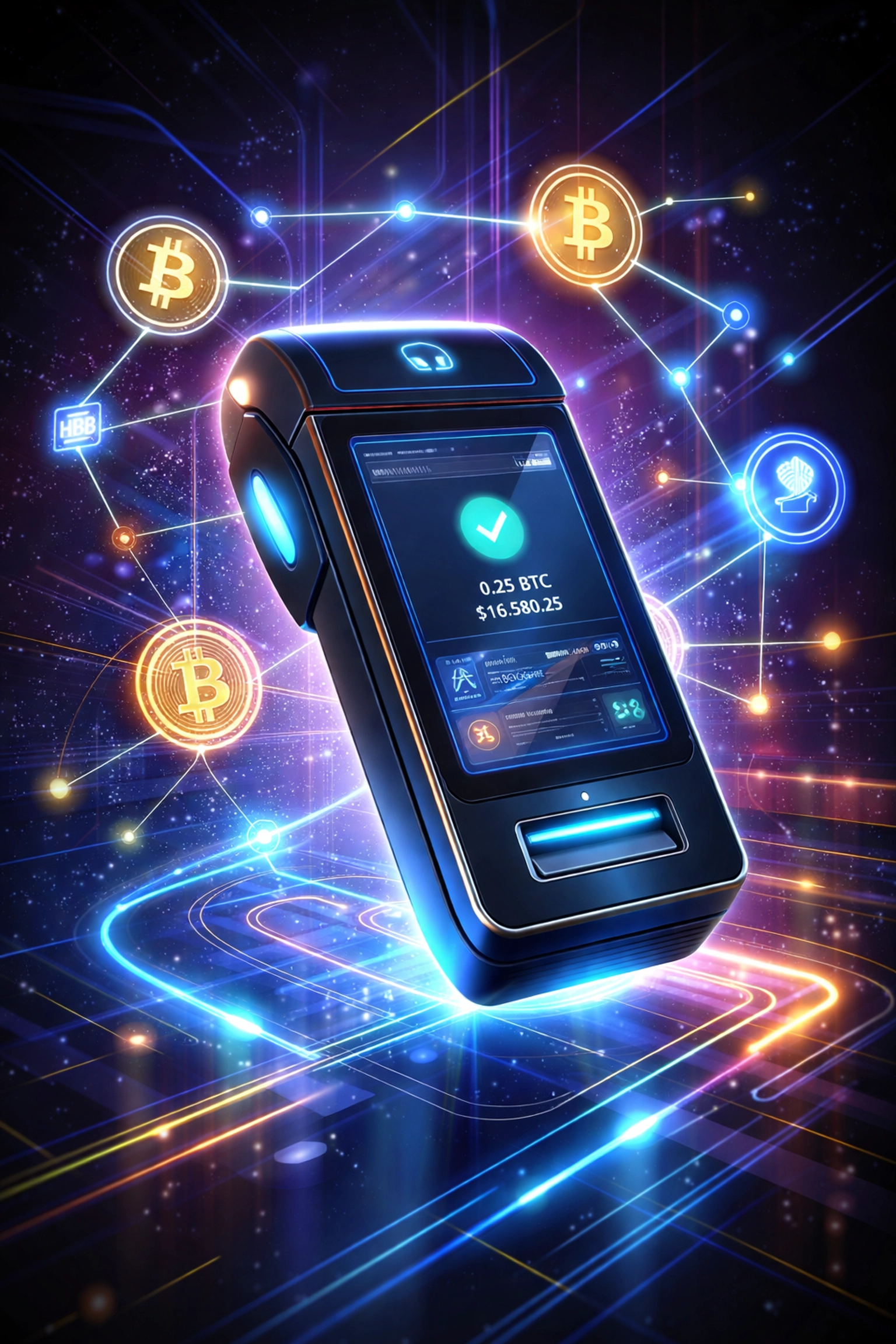 Digital payment terminal in a virtual space illustrating crypto POS and NFT receipts in metaverse commerce