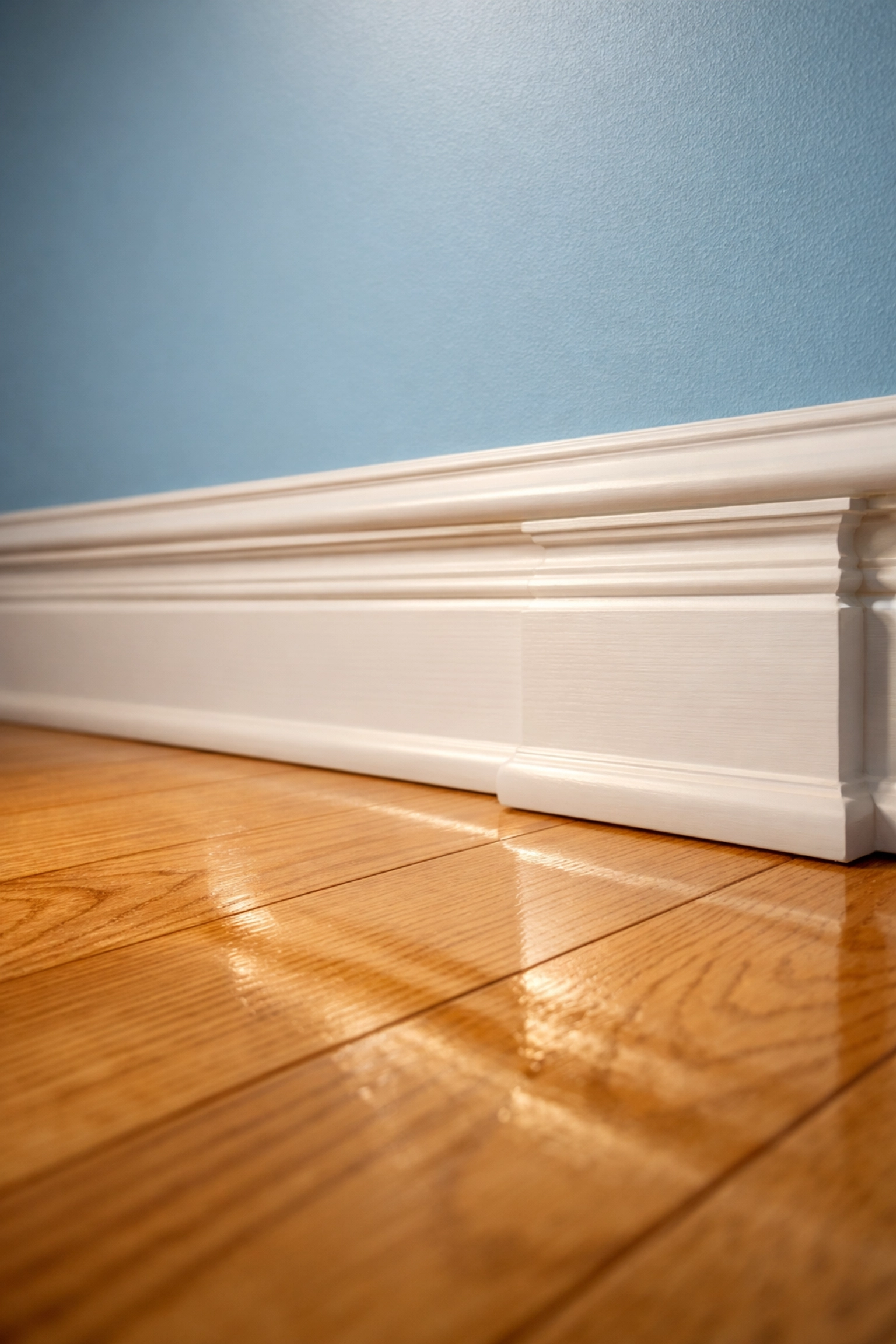 Detailed cleaning of white baseboards and polished hardwood floors by a professional maid service Cambridge.