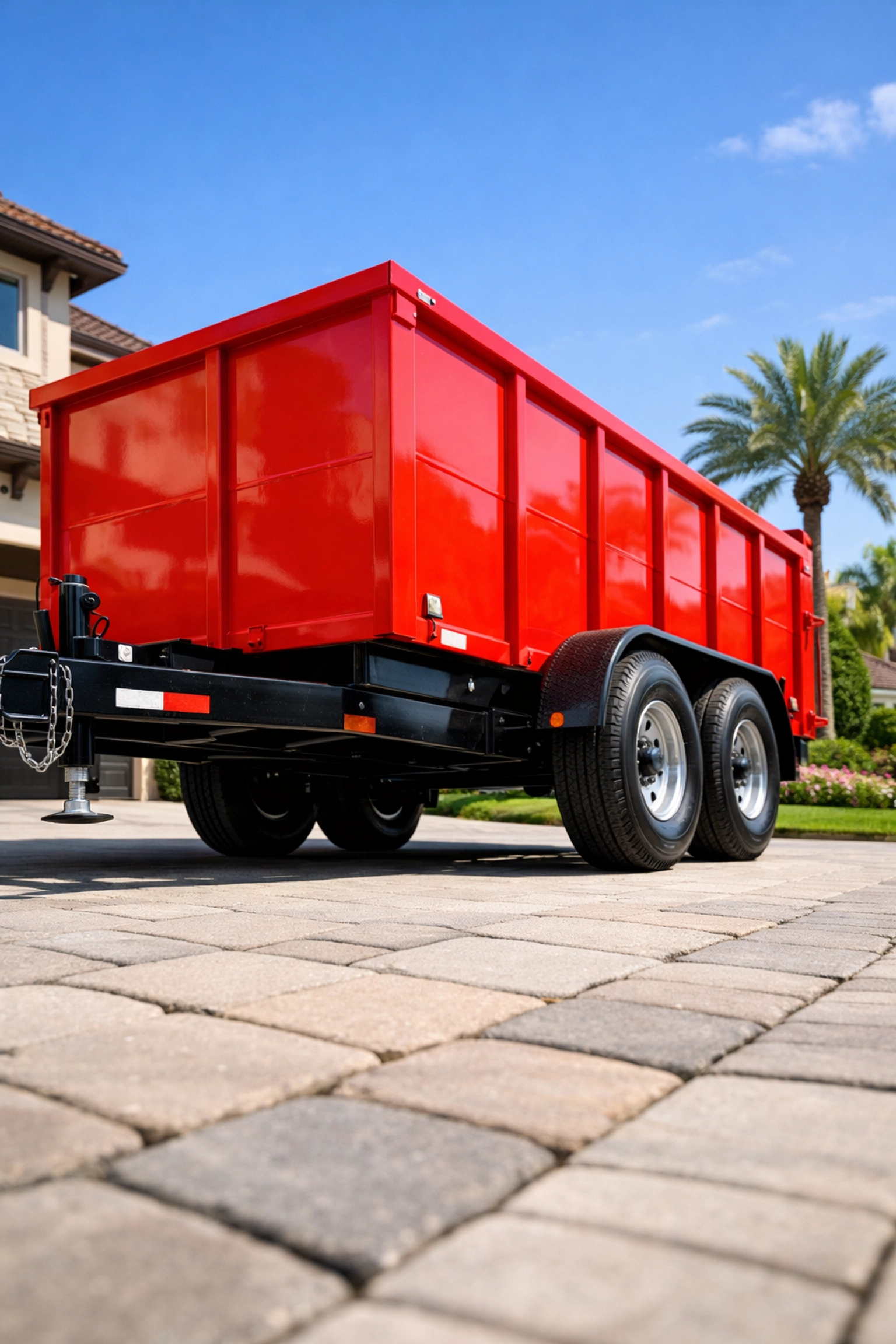 Portable dumpster rental in League City with rubber tires to protect a driveway during a residential move.