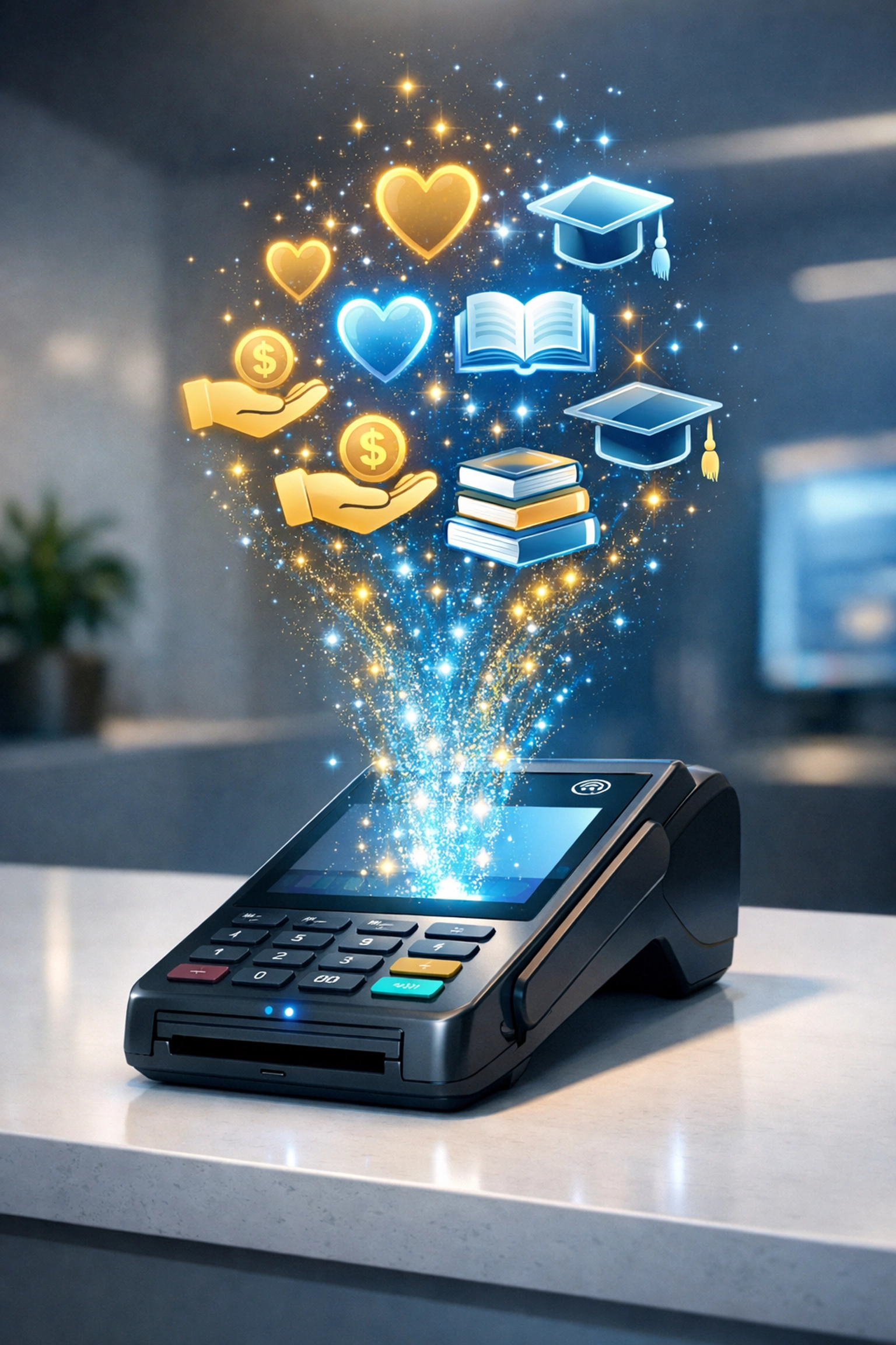 Larecoin POS terminal generating social impact through charitable contributions with education and donation symbols