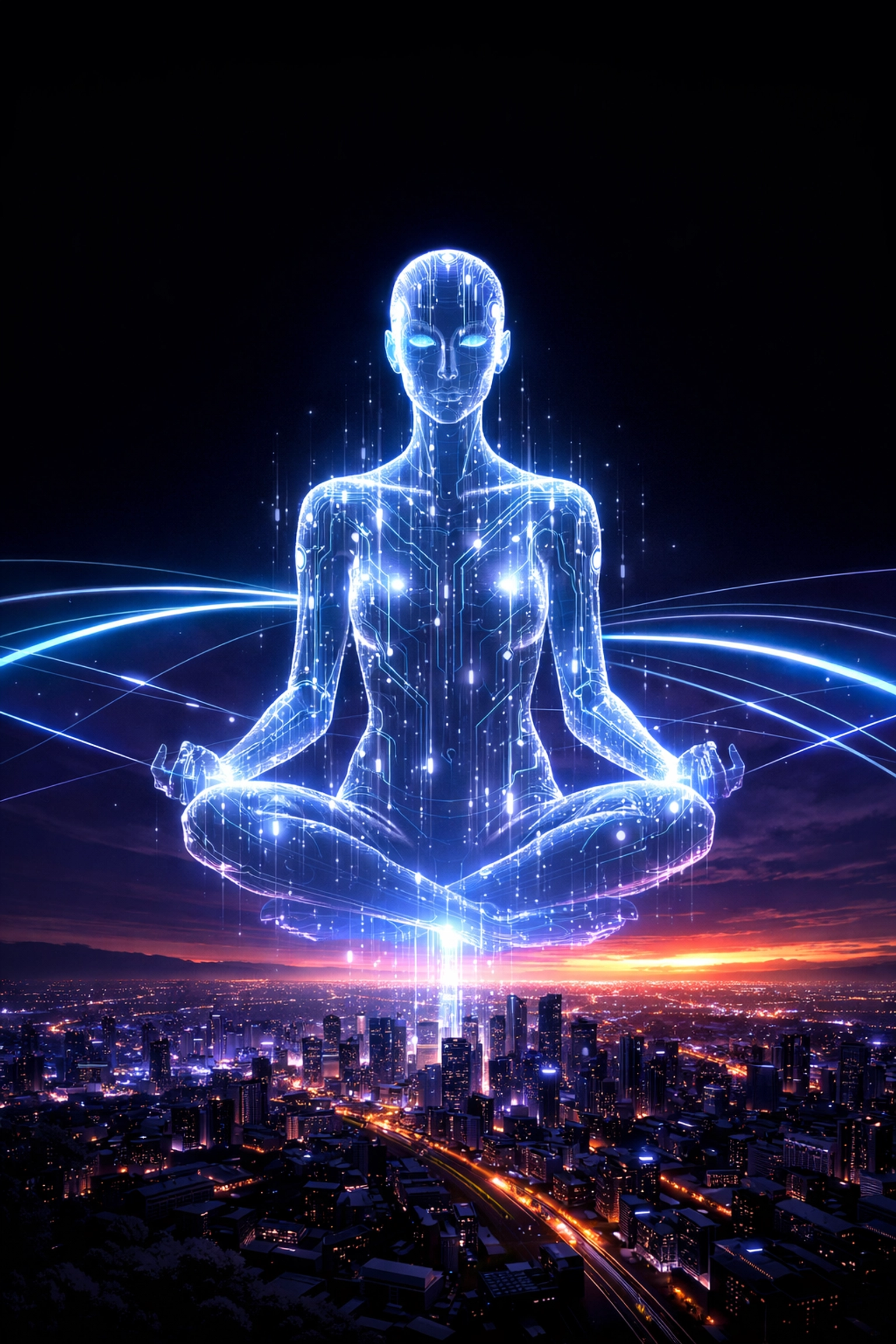 A glowing AI silhouette overlooking a city representing 24/7 voice AI agent coverage for customer support.