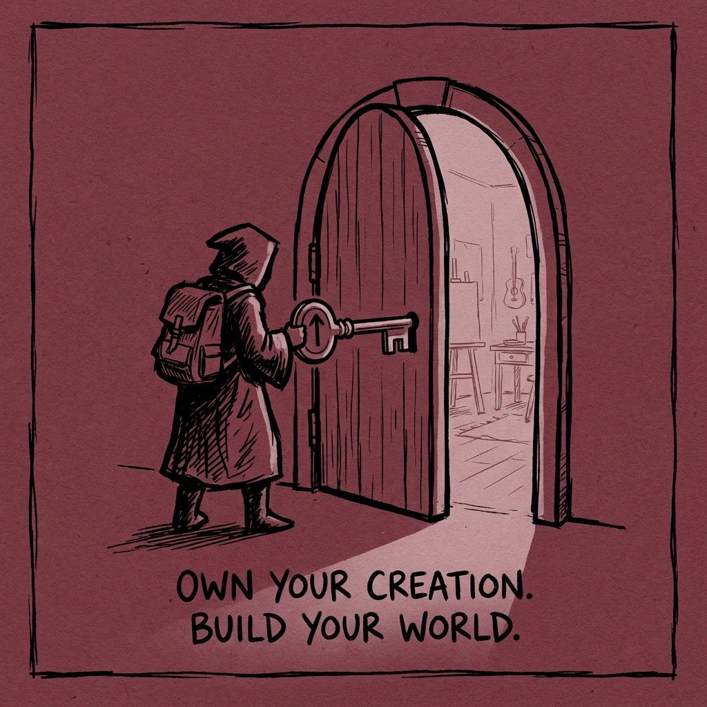 Illustration of a creator unlocking a studio door, representing ownership and opportunity in the creative ecosystem.