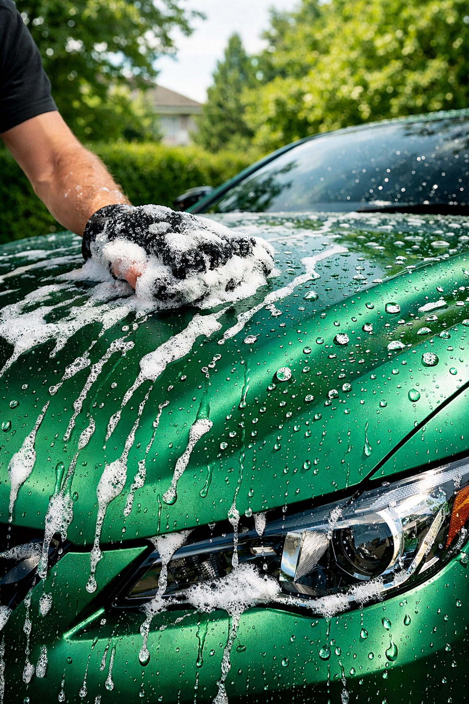 Maintaining a high-quality green car wrap by hand washing in a sunlit North Texas driveway.
