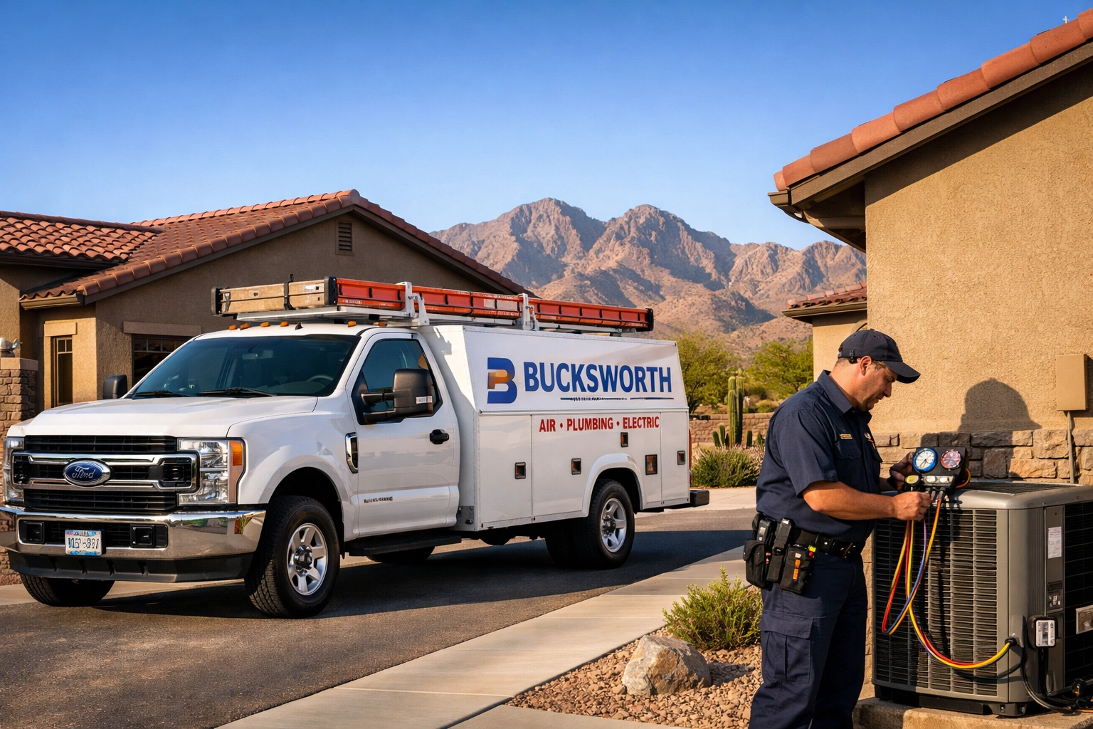 Bucksworth technician preparing for an AC replacement in Goodyear AZ at a residence near Estrella Mountain Park.