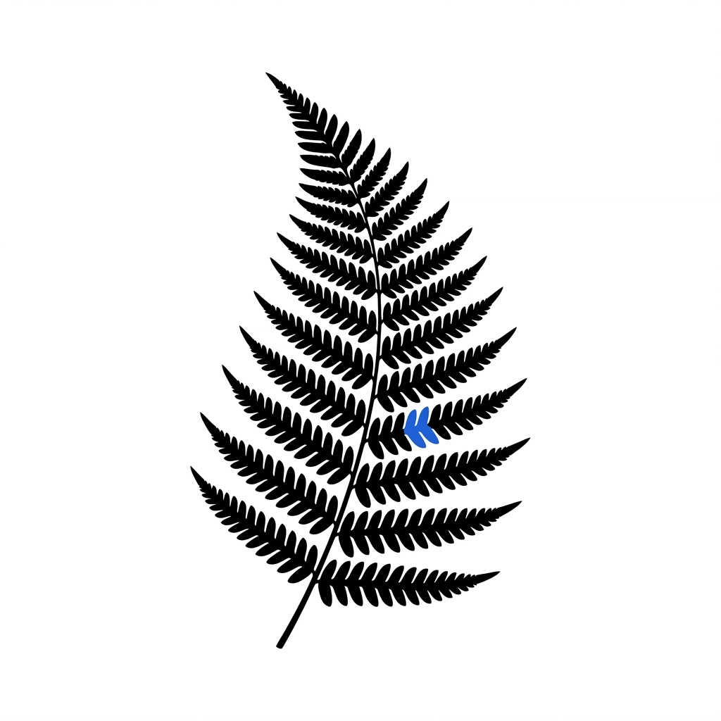 A minimalist fern leaf icon in bold black with a blue accent, illustrating the precision and organic geometry required for small botanical tattoos.