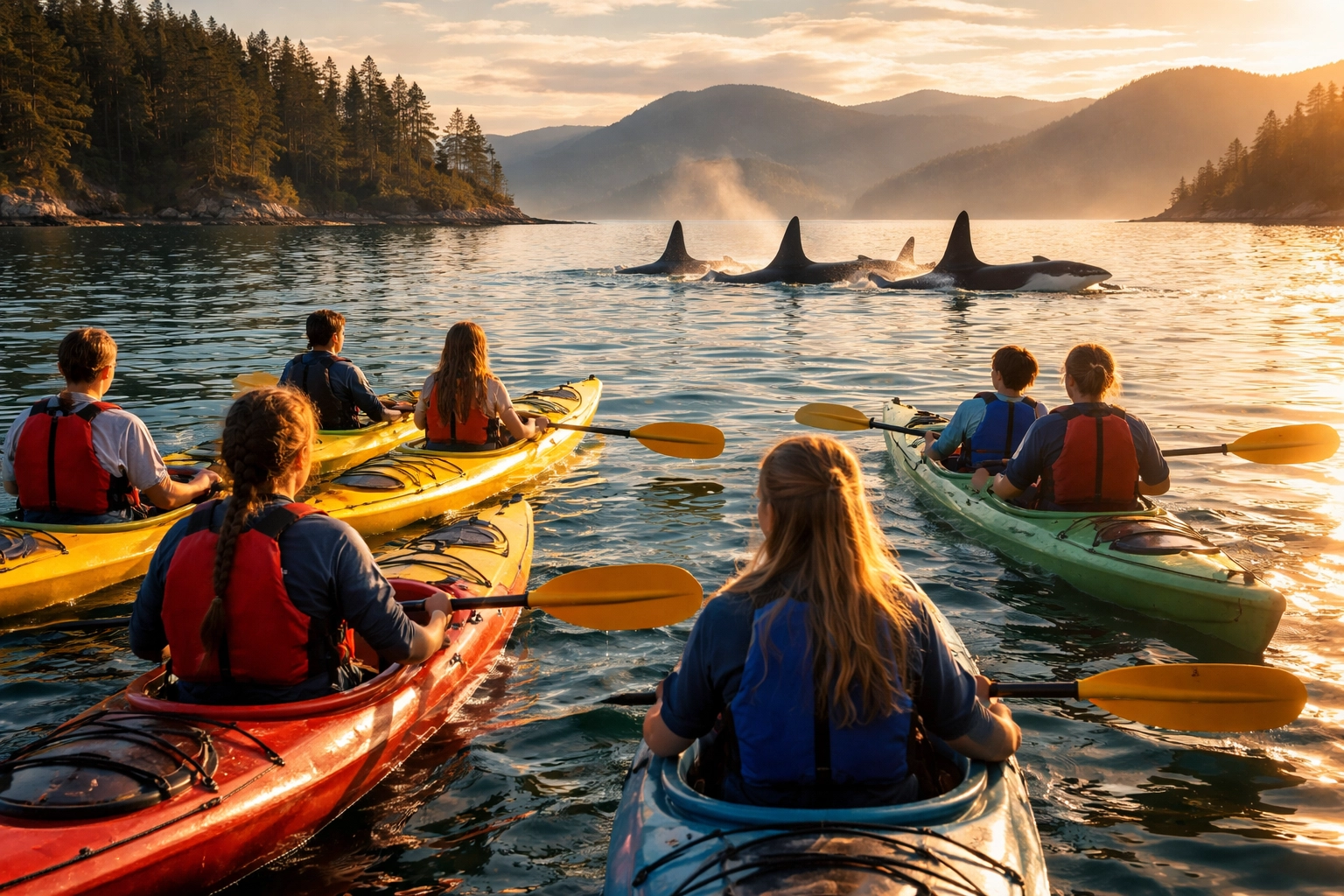High school students kayaking in the San Juan Islands near orcas and forested islands during a marine biology trip
